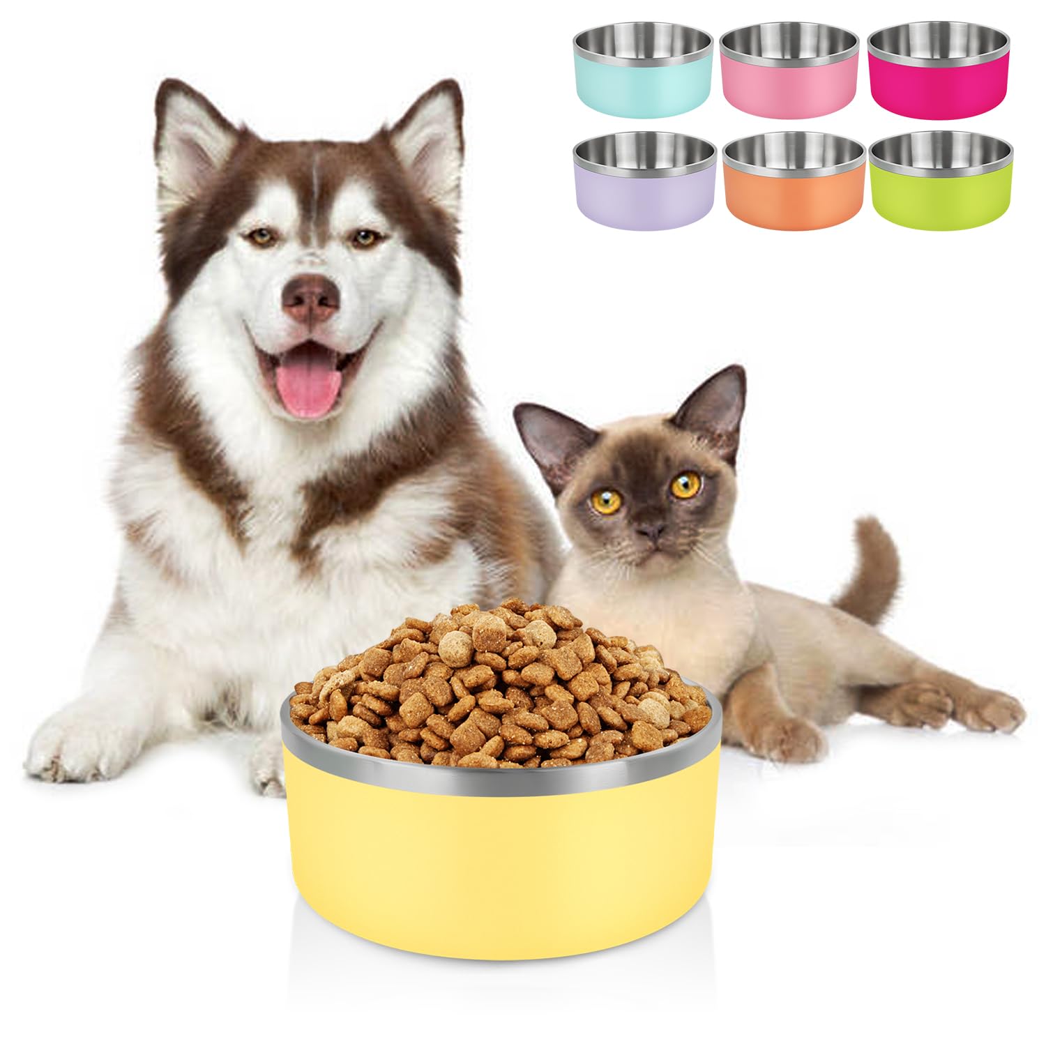 LIHONG Dog Bowls,Stainless Steel Dog Bowls for Large Dogs,Dog Food Water Bowls with Non Slip Rubber Bottom,Pet Feeding Bowl,Double Wall Insulated,Rustproof(64oz,Yellow)