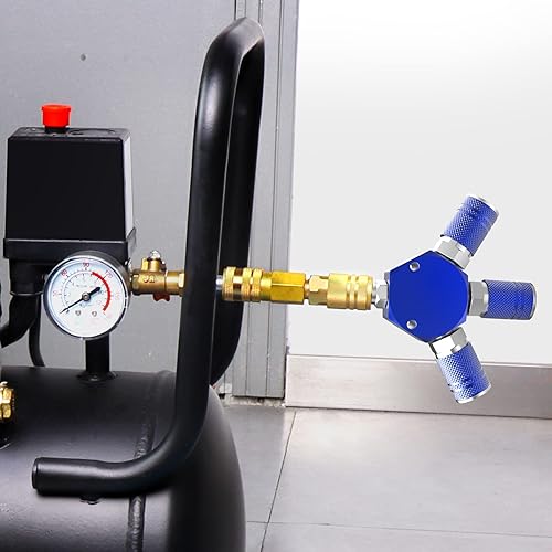 Miniatura 6 de GASHER Colector de aire azul de 3 vías de 14 de pulgada NPT de aluminio estilo hexagonal con 3 piezas de acoplador industrial de acero y enchufe,