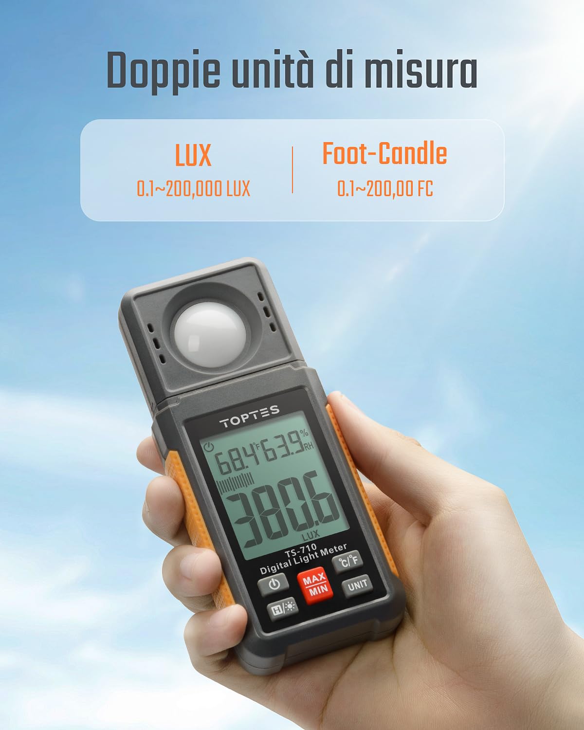 TopTes TS-710 Luxmetro Digitale, Luxmetro Portatile con Sensore Rotato di 180º, Schermo LCD Retroilluminato, Unità Lux/FC, per Interni LED ed Esterni per Piante - Batteria Inclusa
