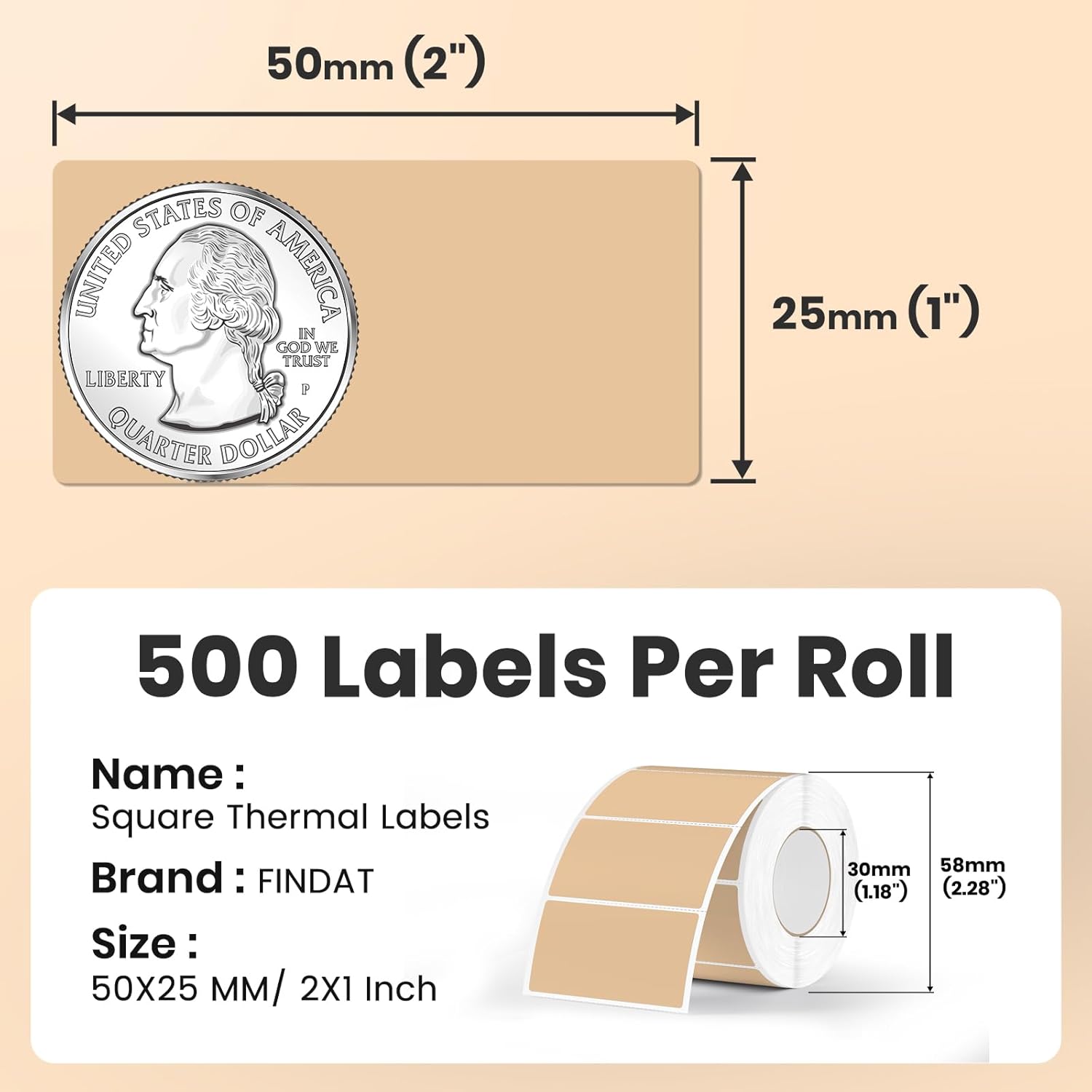 Khaki Thermal Labels 1 × 2 Inch Vinyl Rectangular Waterproof Direct Printer Sticker Self-Adhesive Perforated Name Tag for Logo DIY QR Design Office Address 500 PCS - Image 2