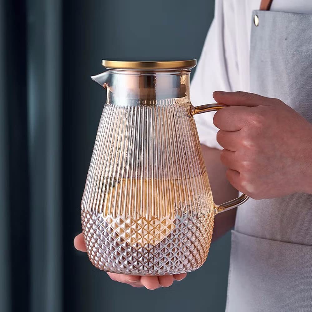 Nff Jarra De Cristal, Jarra De Agua De Cristal De 1,5L con Tapa, Gran Capacidad con Asa Jarra De Cristal Resistente Al Calor Apta For Zumo, Té, Café, Leche