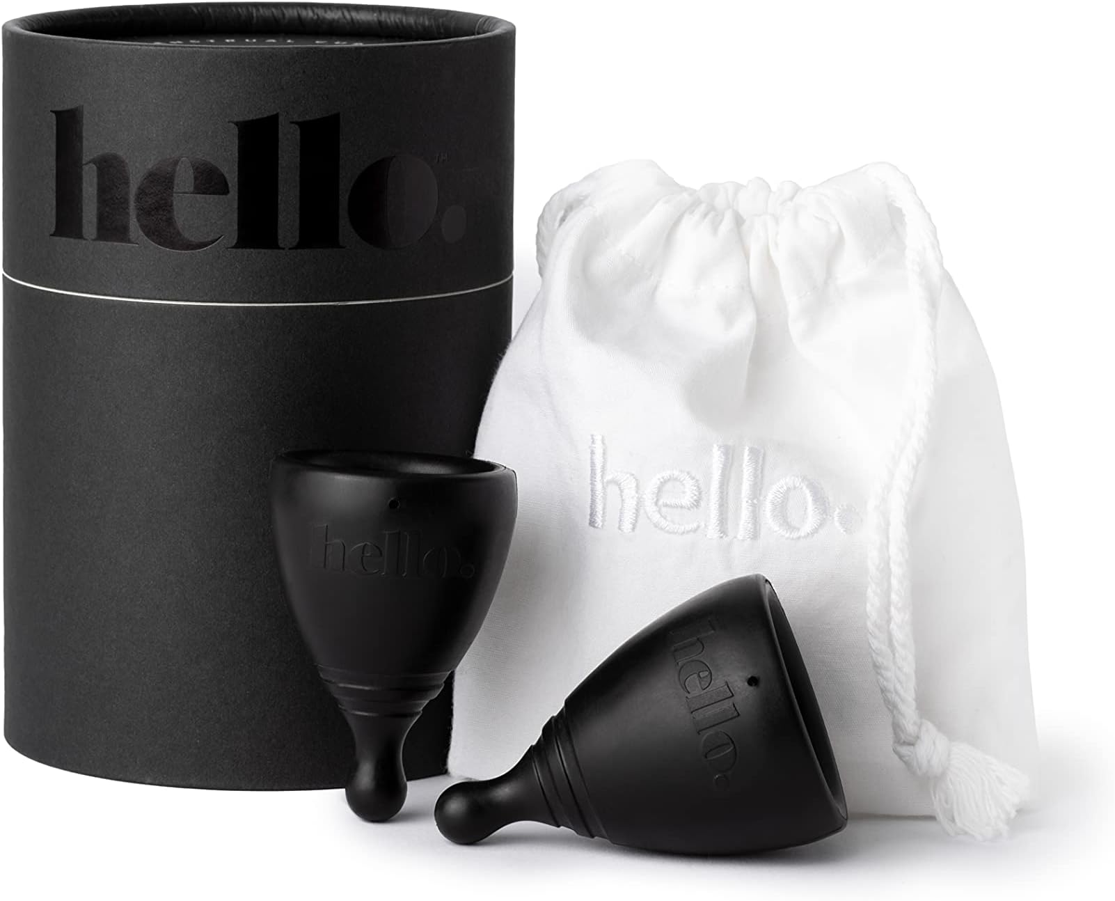 THE HELLO CUPMenstrual Cups Double Box, BPA Free, Reusable, Hypoallergenic, Recyclable, Medical Grade TPE, No Silicone, No Rubber, No Latex, XS Black & S / M Black, 1 box