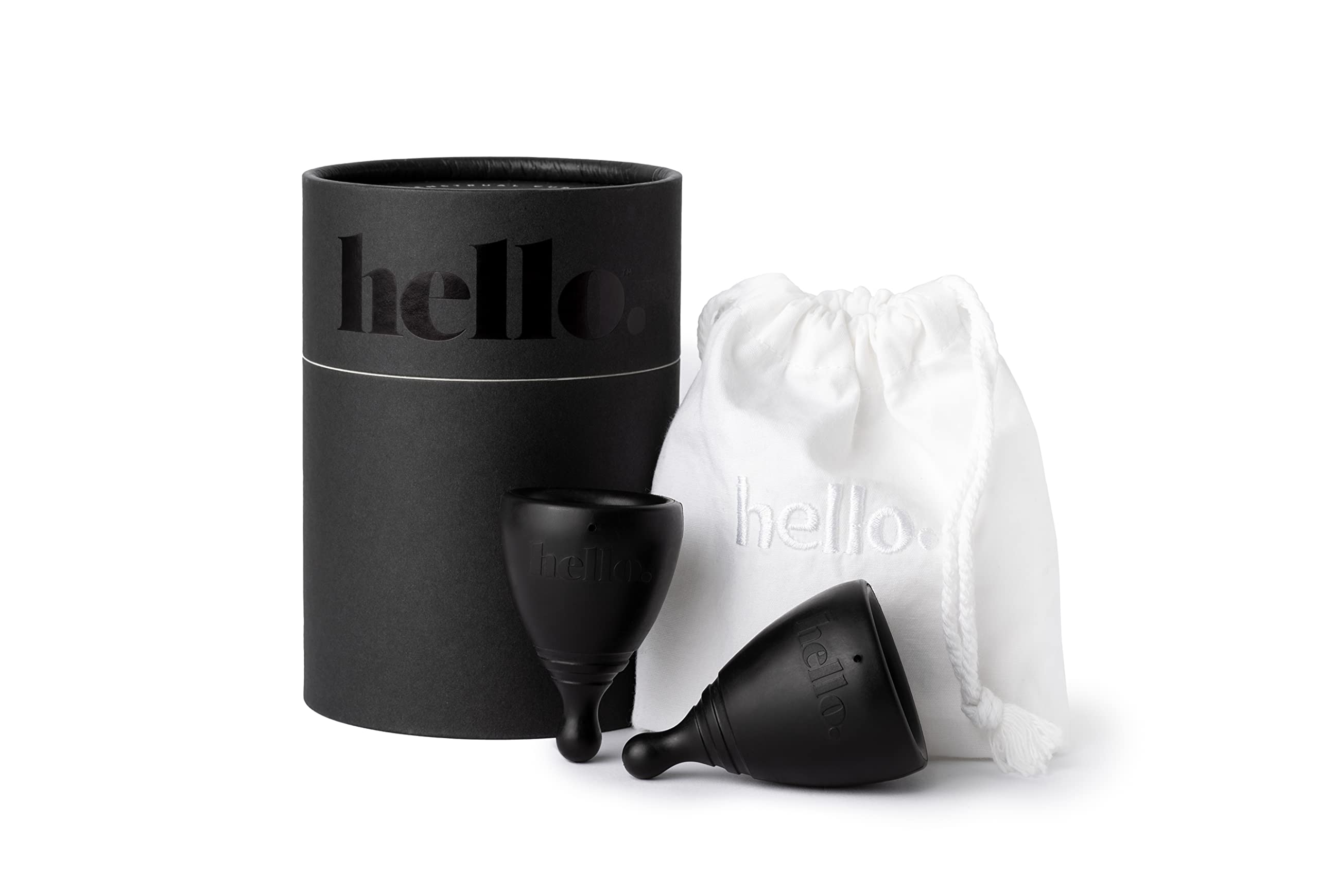 THE HELLO CUPMenstrual Cups Double Box, BPA Free, Reusable, Hypoallergenic, Recyclable, Medical Grade TPE, No Silicone, No Rubber, No Latex, XS Black & S / M Black, 1 box