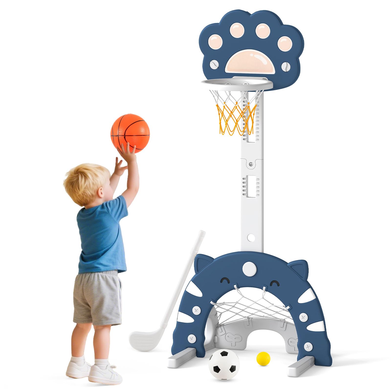 HOMASIS 3 in 1 Kinder Basketballkorb Set, multifunktional Basketballständer mit Fußballtor & Golf, Faltbarer Basketballkorb mit höhenverstellbaren Ständer, Spielplatz mit Bälle & Golfschläger (Blau)