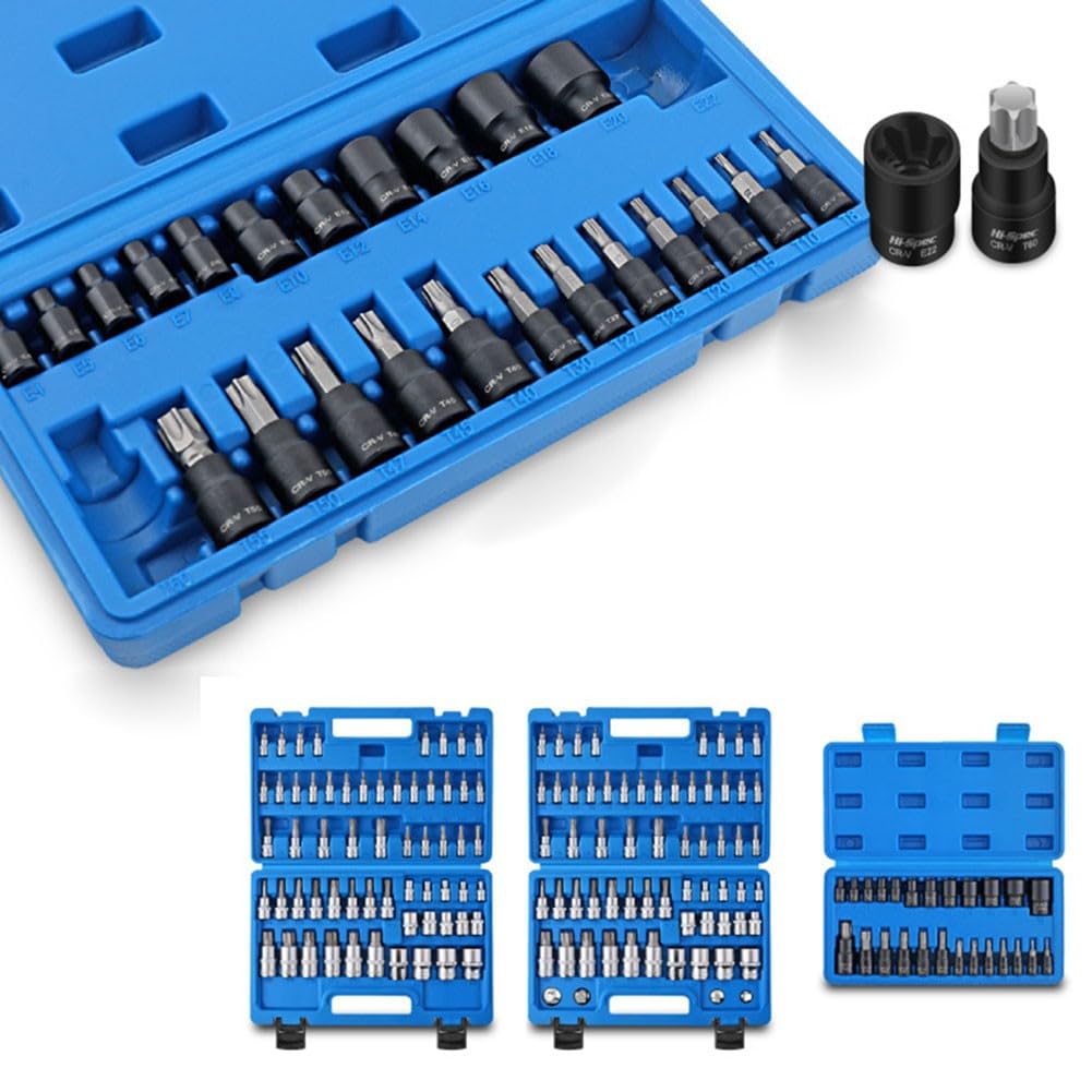EasyByMall Set di 25 chiavi a bussola Torx ed E, in acciaio legato, punte a stella T8-T60, chiavi Torx esterne Cr-V E4-E22, kit di attrezzi meccanici professionali con custodia