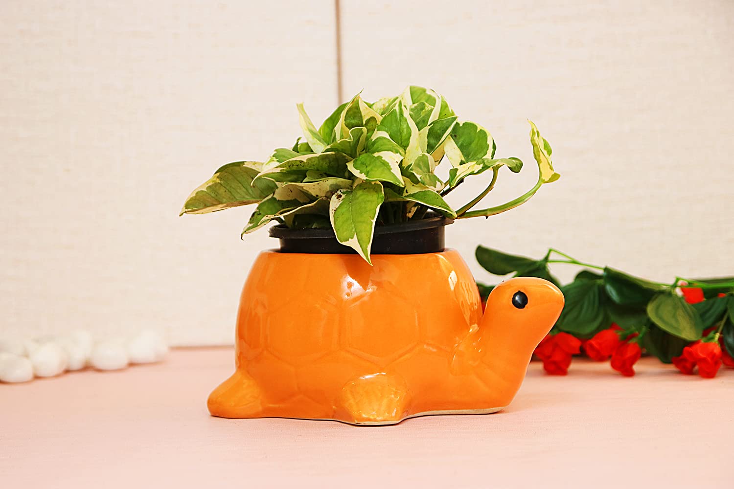 Leafy Tales Turtle Shape Ceramic Pot Big, Orange, Pot Only