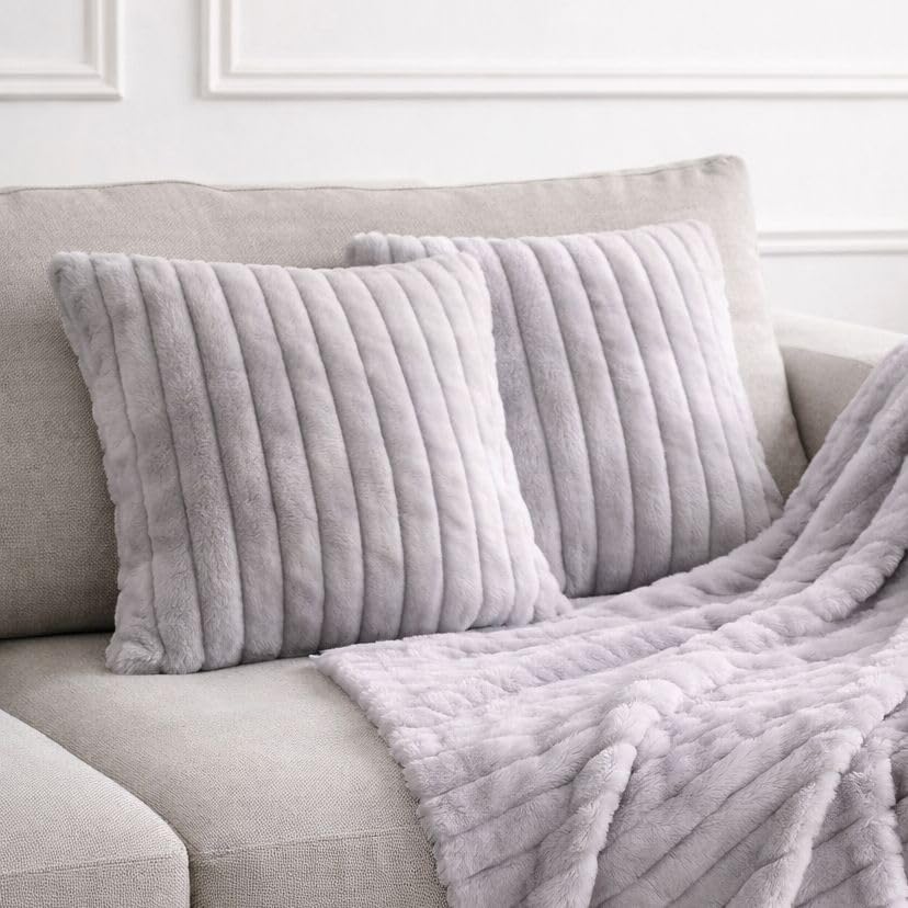John Aird Set of 2 Ribbed Soft Faux Fur Cushion Cover – Luxury Plush Decorative Throw Pillow for Sofa, Bed & Living Room (Silver, 50 x 50cm)