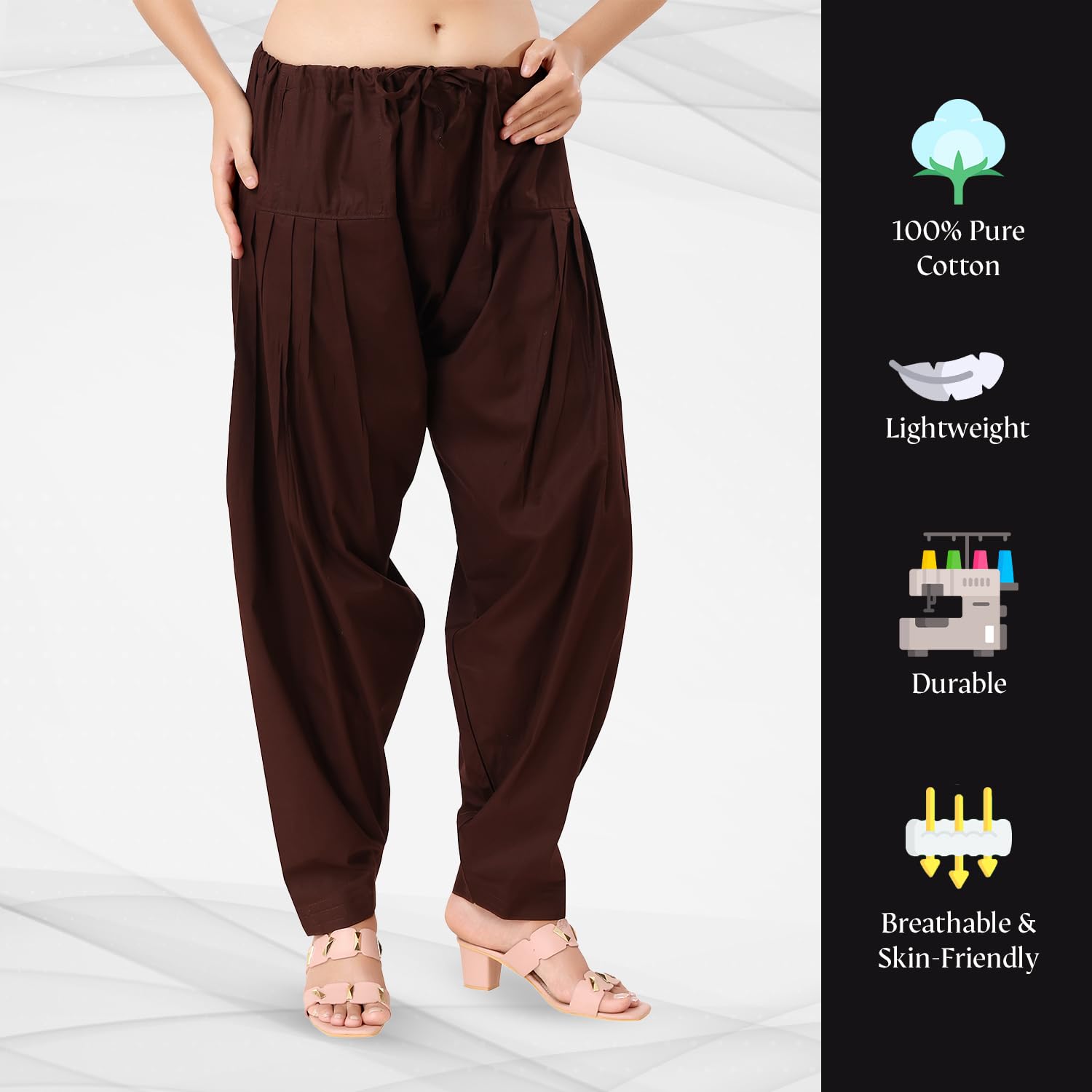 TRASA Semi Patiala Salwar Cotton One Side Pocket Traditional Indian Bottomwear Pant - Free Size Fit up to XXL - Brown - Image 4 thumbnail