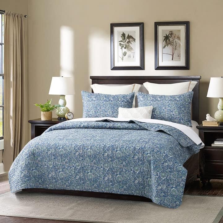 DURLENGEN Quilt Set California King Size 3Pcs,Soft Microfiber Lightweight Bedspread,Blue & Green Paisley Floral Geometric Pattern Coverlet for All Season Layering(Cal King 112x104,Paisley Blue) - Image 2