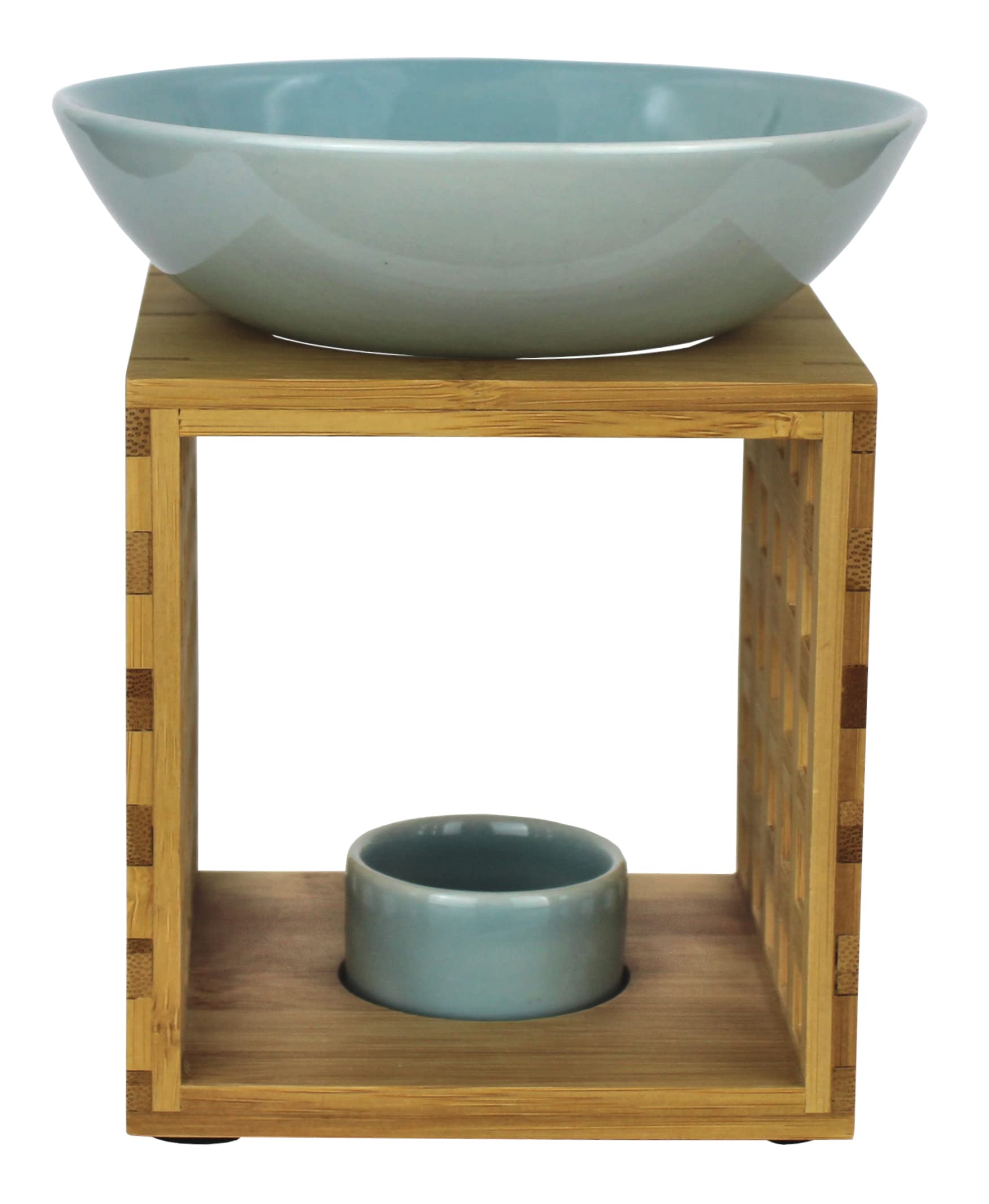 Bitto Duftlampe Riga Weißblau mit Kerze, große Schale, Fair Trade, Aromalampe aus Bambusholz und Keramik