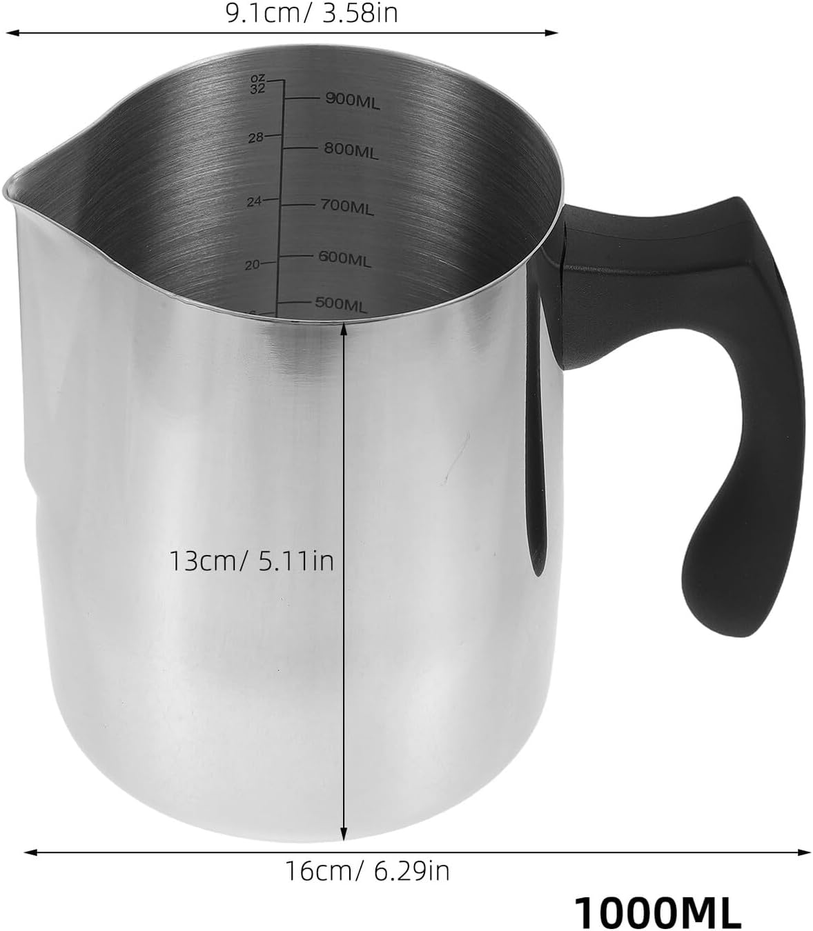 Stainless Steel Frothing Pitcher 1000ml with Heat-resistant Plastic Handle, Milk Frother Cup and Wax Melting Jug with Measurement Scale for Espresso Machine and Candle Making