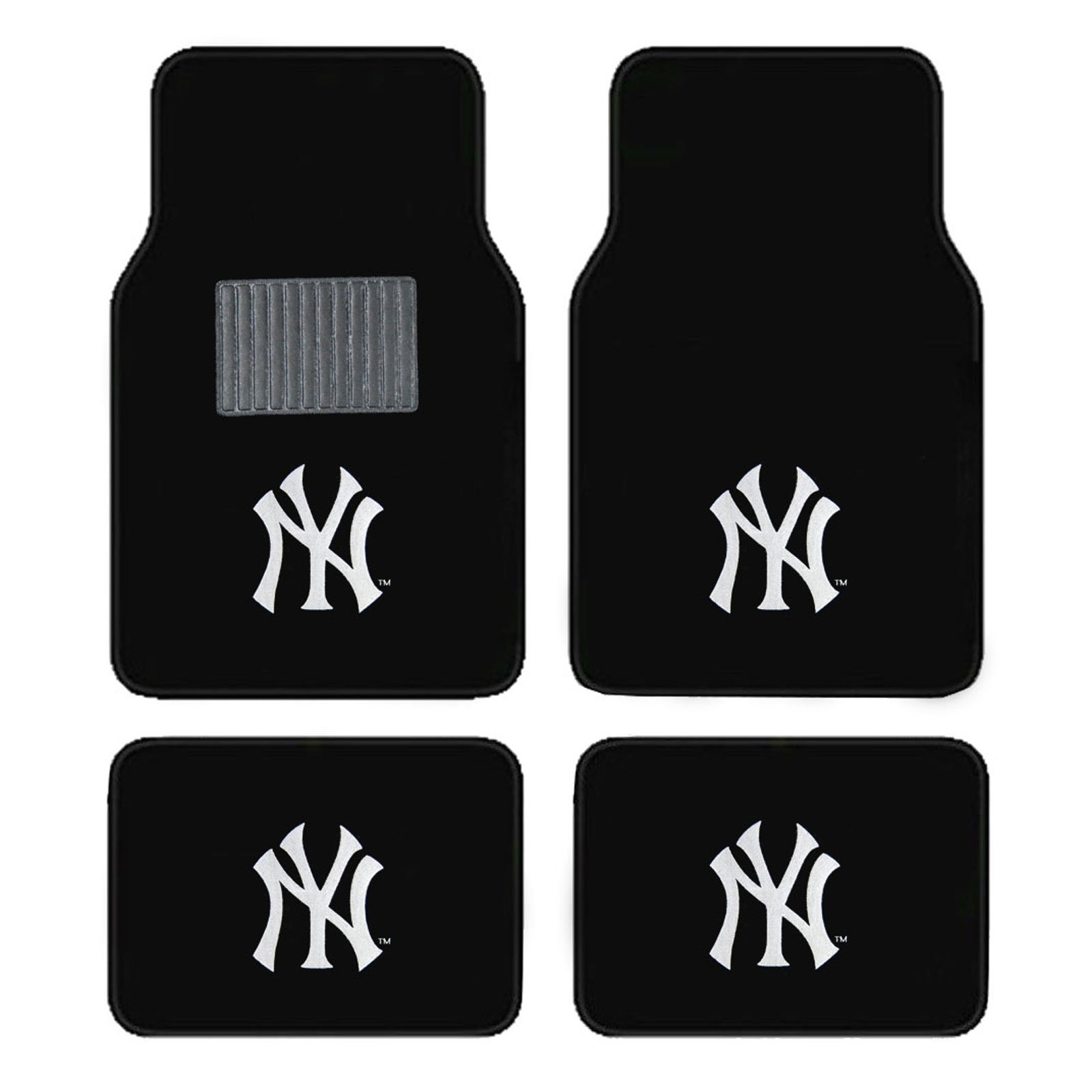 A Set of 4 Universal Fit Front and Rear Logo Plush Carpet Floor Mats MLB Yankees