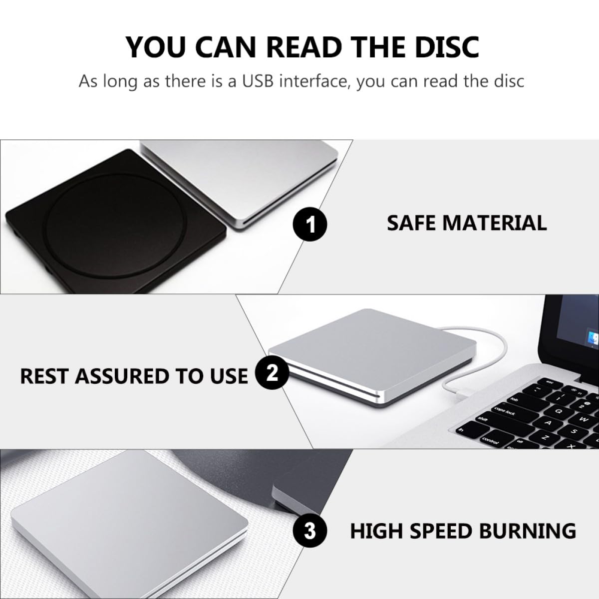 jojofuny Lecteur DVD Externe USB 3.0 Gris Argenté, Graveur DVD-rom Portable, Lecteur CD-rom Compatible PC Portable et Bureau, Transfert Rapide, Utilisation Multimédia et Sauvegarde
