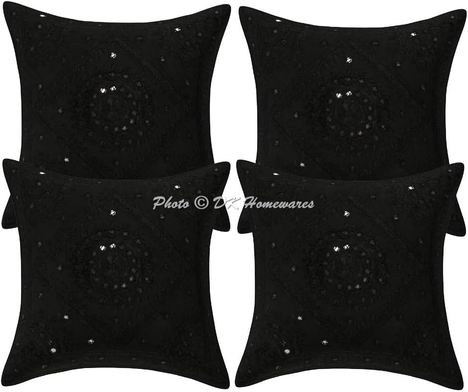 Indian Decorative Sofa Throw Pillowcases 16x16 Inch Cotton Embroidered Mirrored Bohemian Square Couch Cushion Covers (Size - 40x40 cm ; Color: Black) - Set of 4 Pcs (Cover Only)