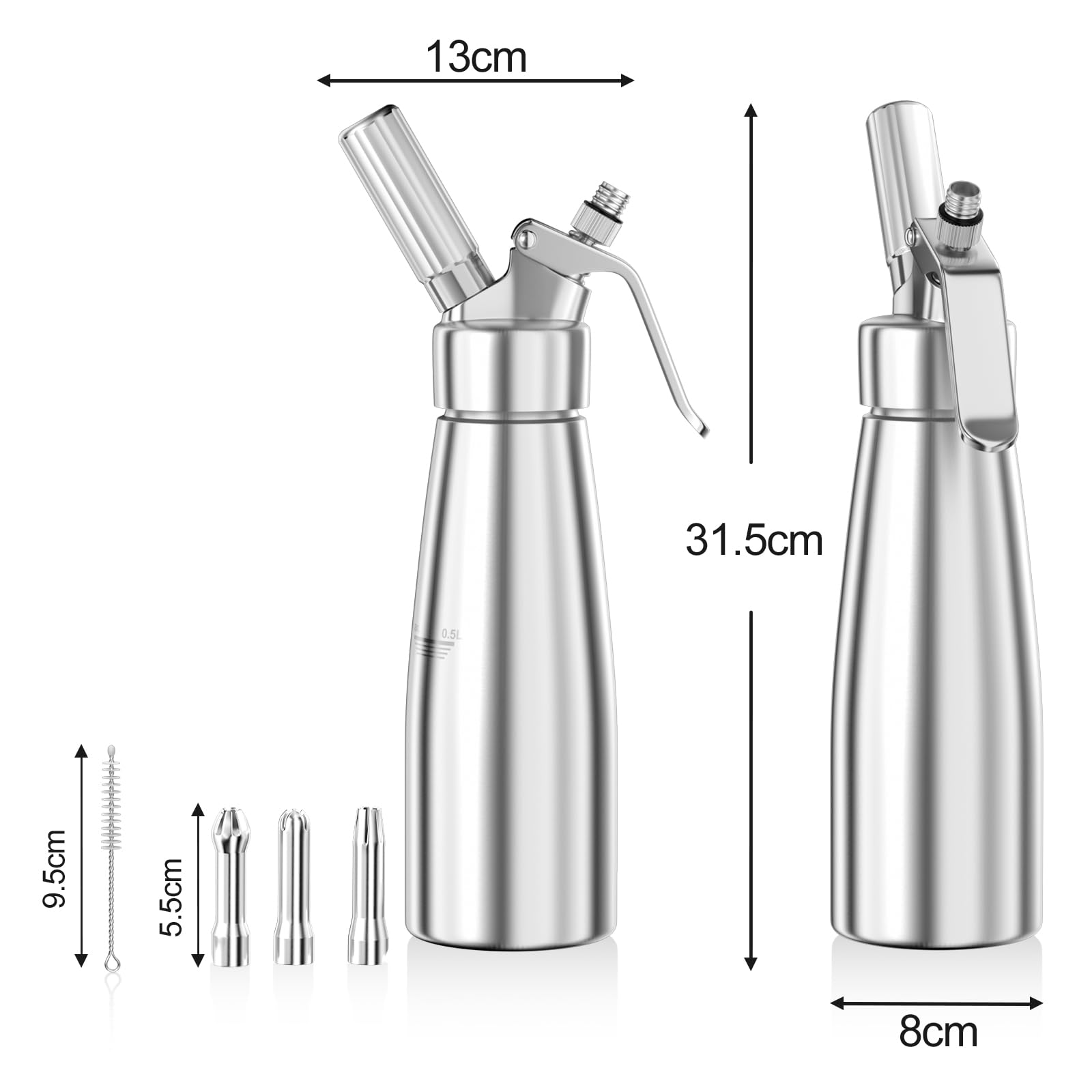 Fousenuk 500ml Siphon Chantilly, Siphon à Crème en Aluminium avec 3 Douilles en Acier Inoxydable et 1 Brosse de Nettoyage pour Décoration Gâteaux d'anniversaire Pâtisserie Crème Glacée et Desserts