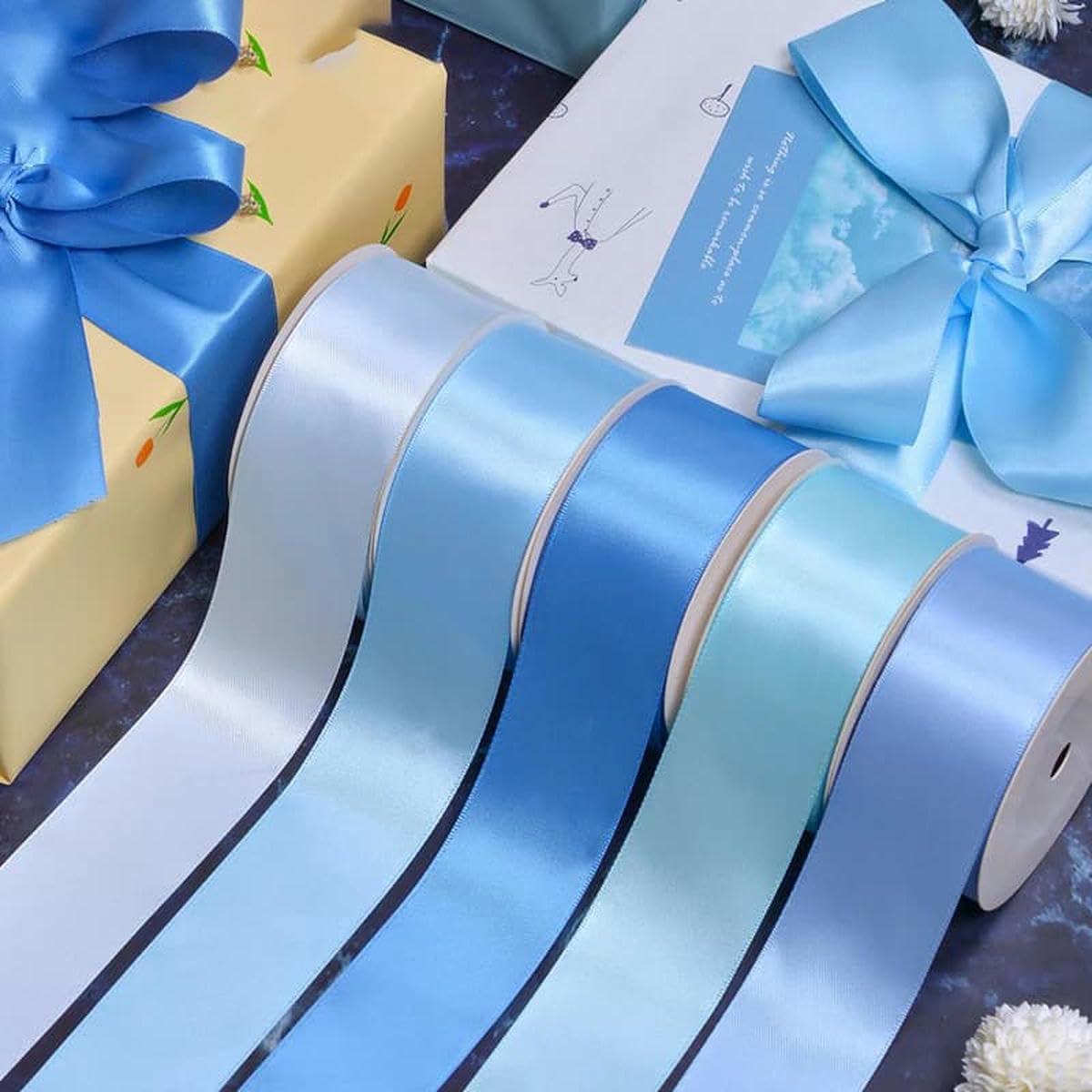 25 28 32 38 mm 100 Yards/Los doppelseitiges Satinband hell- und dunkelblau für Party-Hochzeitsdekoration handgefertigte Rosenblüten-Stockente 342–38 mm
