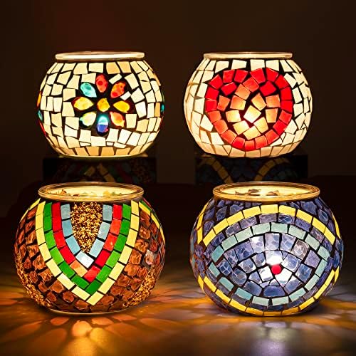 Rancco Votive Candle Holders for Table Centerpiece, 4Pc Dreamy Stained Glass Candle Holder, Mosaic Tealight Holder w/Heart, Ocean Eyes, Flower, Diamond for Home Decor,Vase,Pen Holder, 4.5x4.5x3.5inch