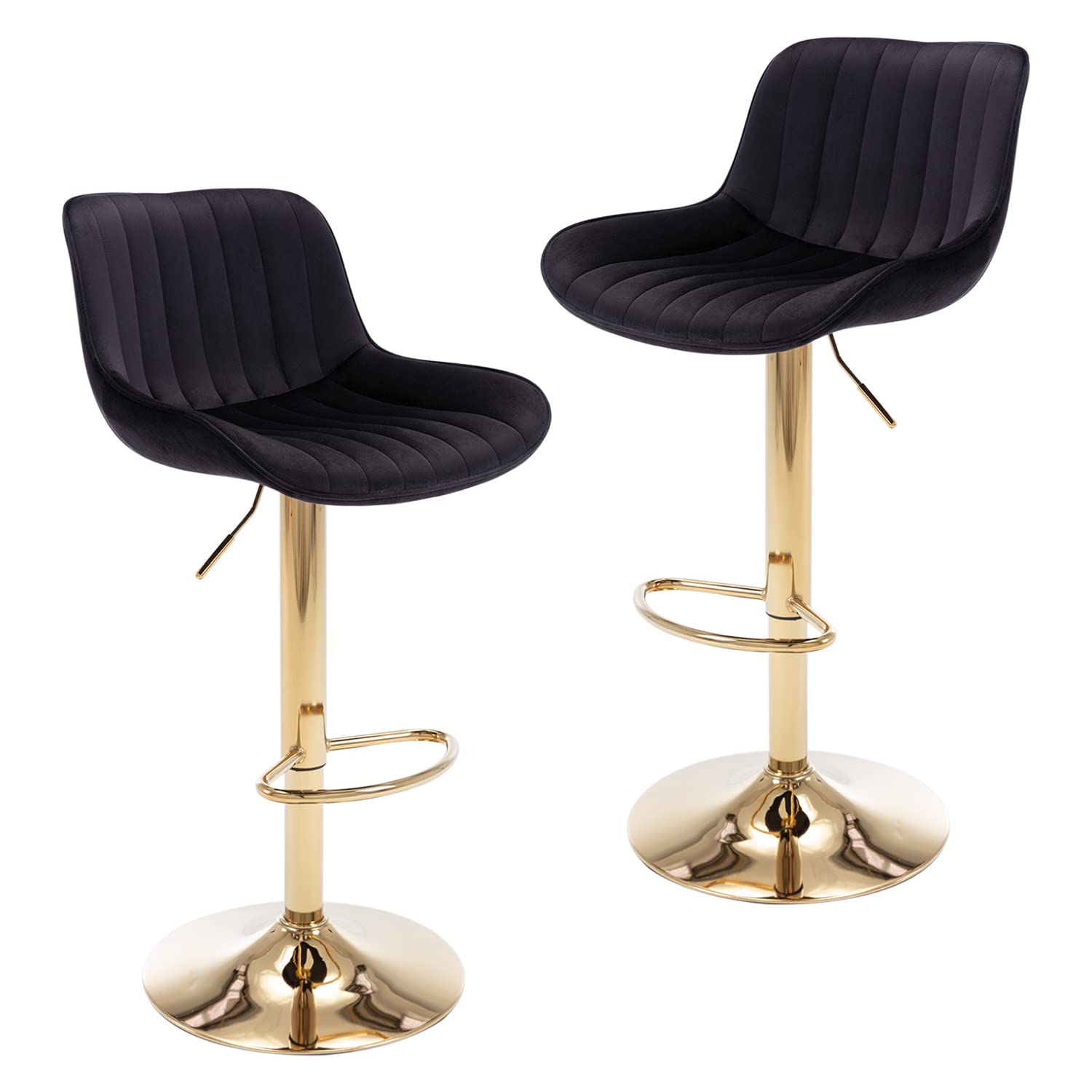 Kiztir Counter Height Bar Stools Set of 2 Swivel Bar Stools with Back and Footrest Black and Gold Velvet Bar Chairs for Kitchen Island, Bar, Cafe