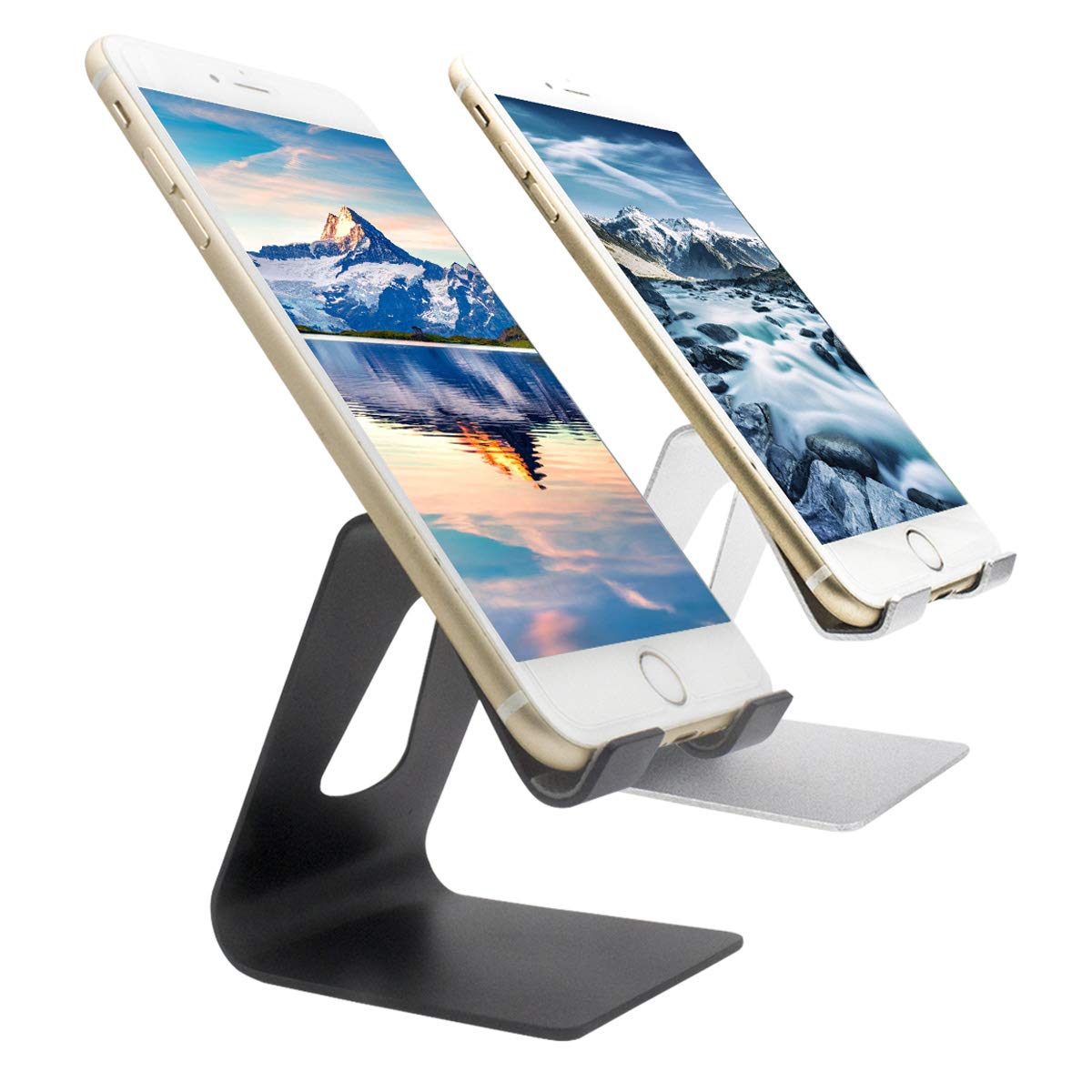 BONUSIS Cell Phone Stand [2 Pack], Aluminum Desktop Holder, Universal Charging Mobile Dock, Portable Phone Cradle Mount Compatible with All iPhone Android Smart Phone – 1 Black 1 Silver