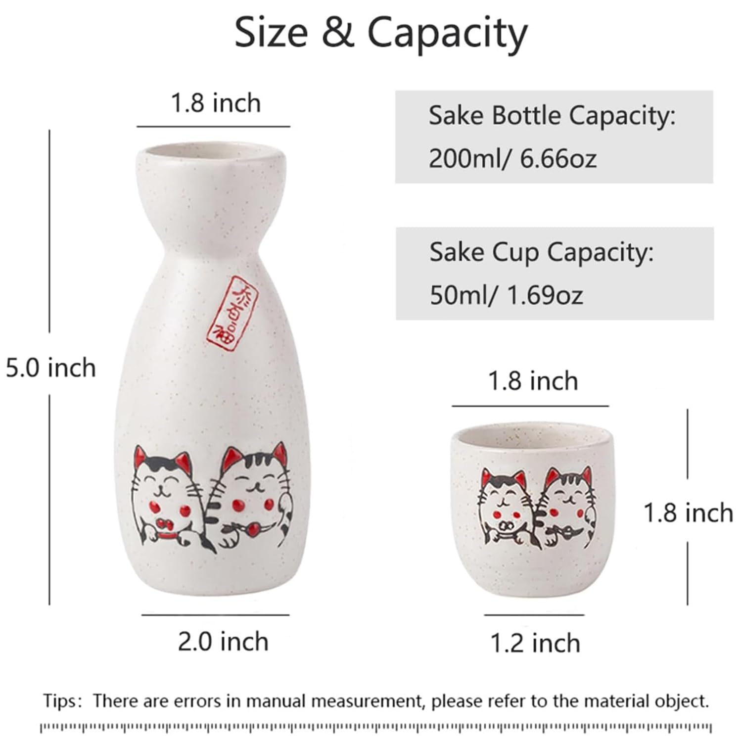 Set di 5 tazze per sake giapponesi e tazze da sakè, design tradizionale dipinto a mano, tazze in ceramica Neko, caraffa da portata in ceramica con gatto portafortuna