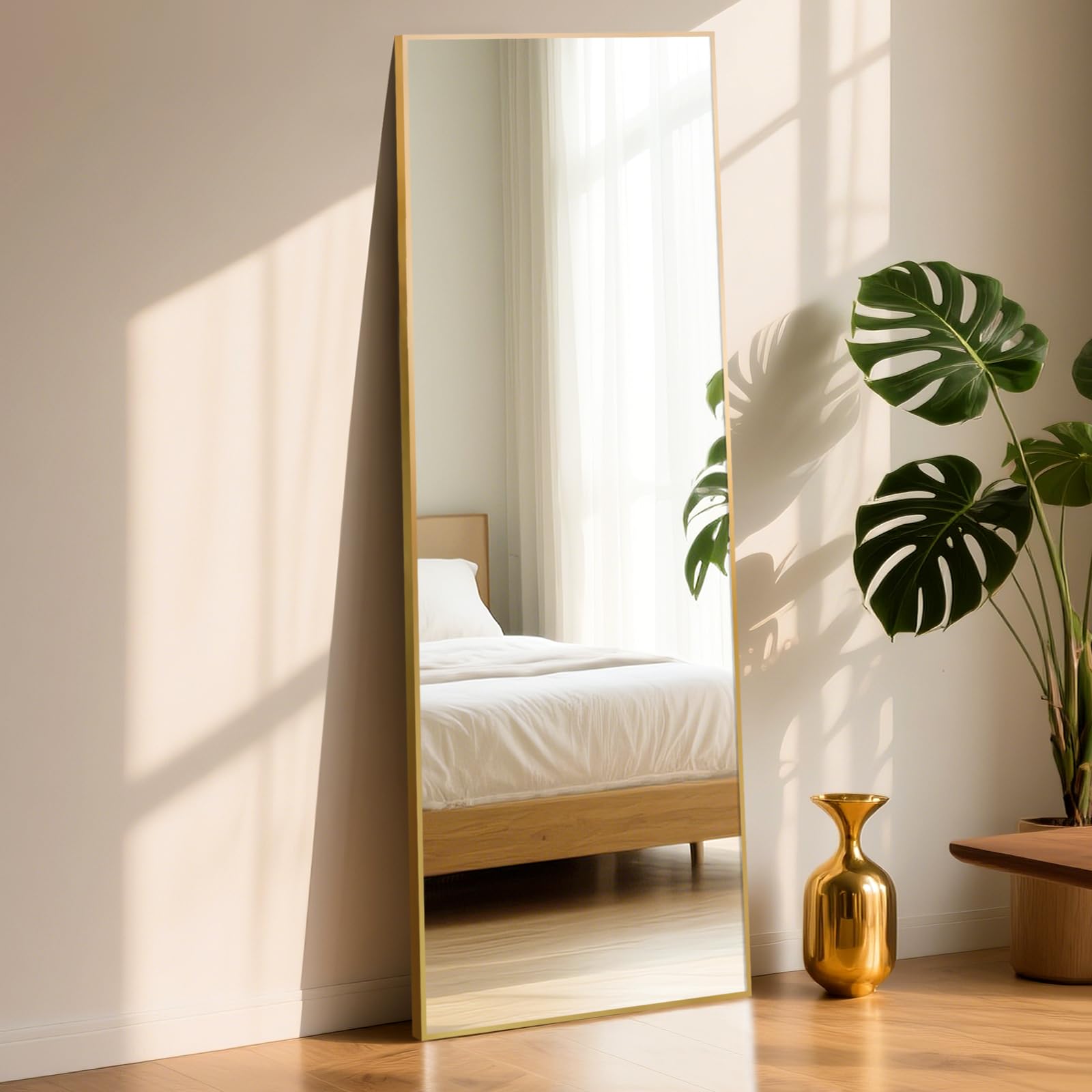 ABXMAS Full Length Mirror Square Right Angle with Aluminium Frame 163x53cm Gold, Protective Tempered Glass Floor Mirror, 64"x21" Wall Mirrors Practical and Stylish
