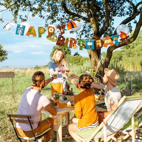 Image of Camping Happy Birthday Banner Camper Birthday Party Decoration Fun House Banner with Campfire Tent Oil Lamp Adventure Camping Birthday Party Decoration for Kids Boys Girls Outdoor Yard Campsite Decor