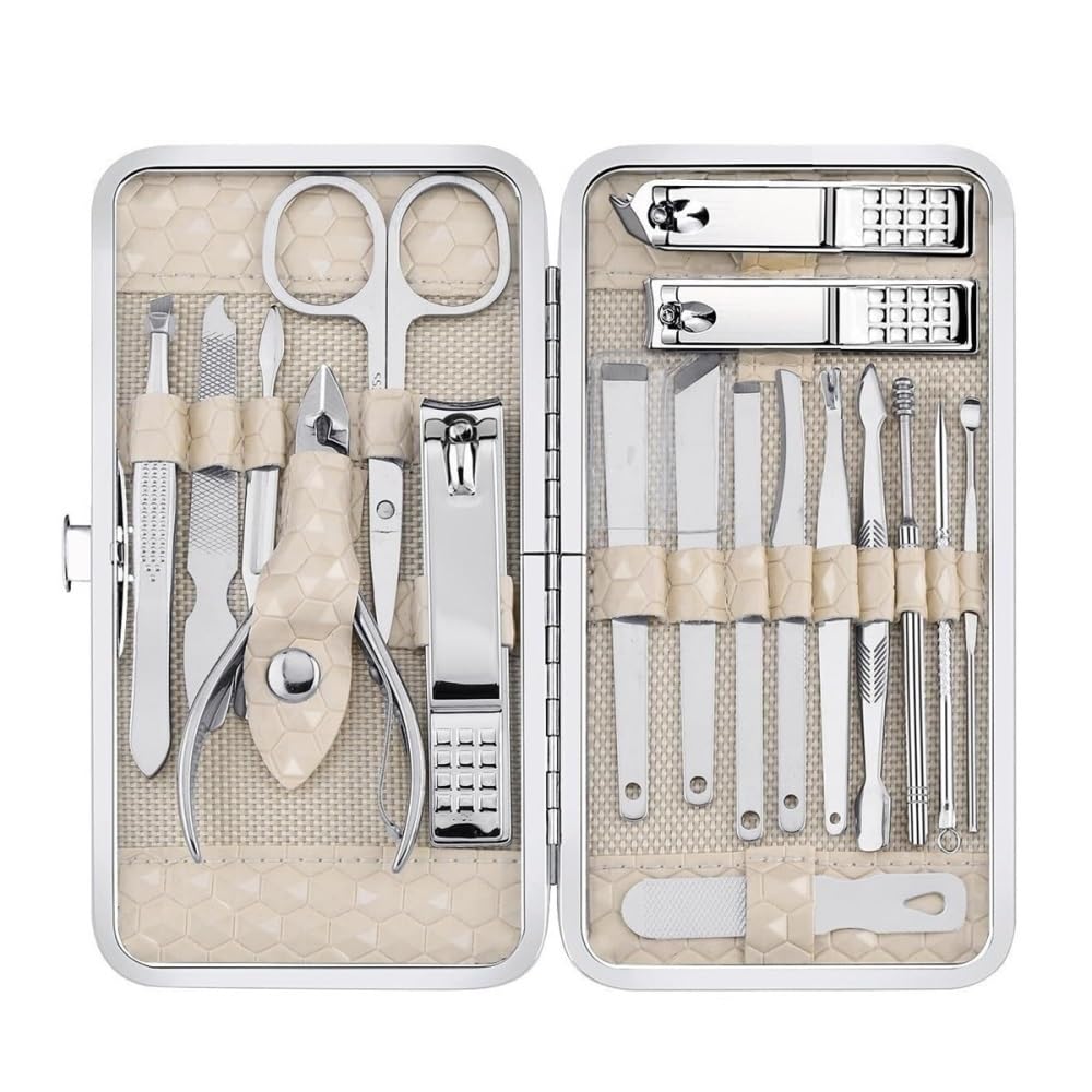Cortaúñas, Set de manicura Profesional 18 en 1, Kit de Cuidado de uñas de Acero Inoxidable con Estuche de Viaje, Beige