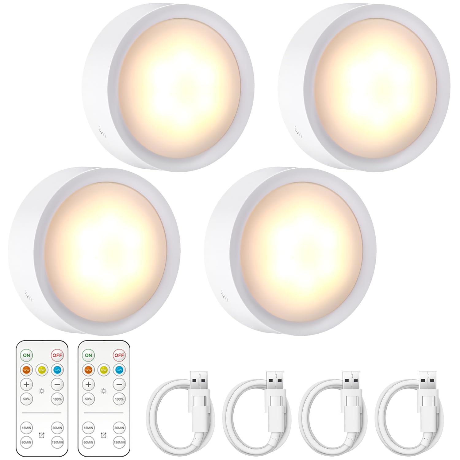 JOFLVA Luz LED Nocturna Recargable USB 4PCS, Luz Armario 1000mAh,3 Colores Luces Regulables,5 Niveles de Brillo,con Mandos a Distancia,Luz de Cocina con Temporizador,Magnético (con Adhesivo de Metal)