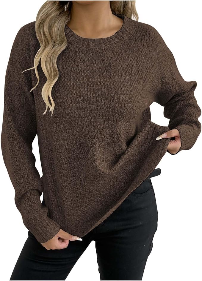 Womens Winter Long Sleeve Sweater Casual Crew Neck Long Sleeve Knit Pullover Tops Lightweight Curved Hem Sweaters