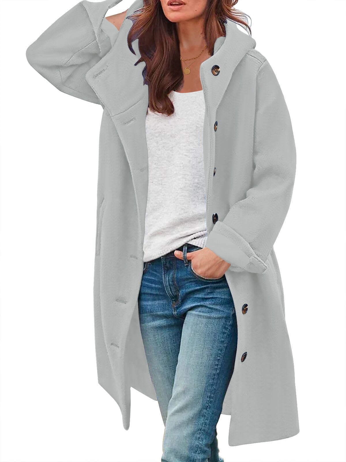 Womens Wool Blend Pea Coat Fashion Winter Dressy Overcoat Single Breasted Trench Jackets with Hood