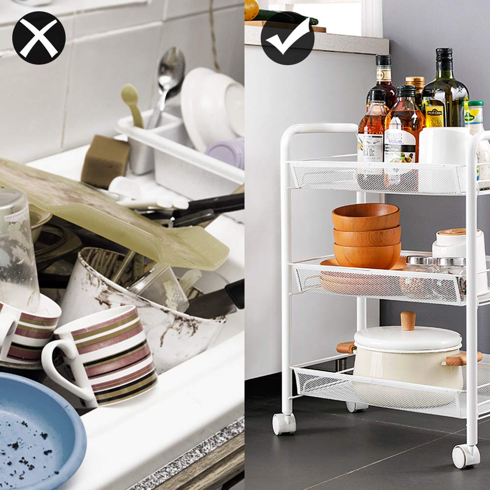 Carrello portaoggetti, con Ruote in Rete Carrello Portaoggetti Mobile in Metallo Multiuso con Due Ruote Bloccabili e Quattro Ganci, per Cucina, Bagno, Soggiorno, Studia, Camera da Letto (Bianca)