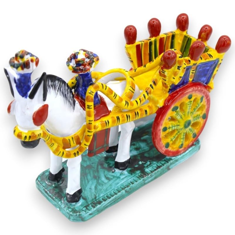 L 23 e h 18 cm ca. Carretto Siciliano con Cavallo, su Base Rettangolare, in Pregiata Ceramica Siciliana, Varie Misure e Vari Colori (1Unità) - Bianco, L 23 e h 18 cm ca.