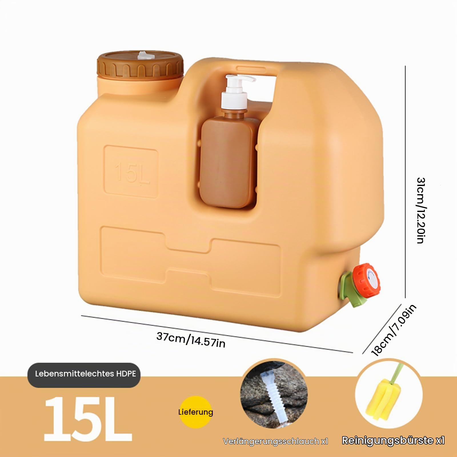 15L Camping Wasserkanister mit Zapfhahn, Tragbarer Wasserbehälter mit Seifenspender, BPA-frei, Auslaufsicherer Wassertank für Camping, Auto, Wandern, Picknick, Notfälle