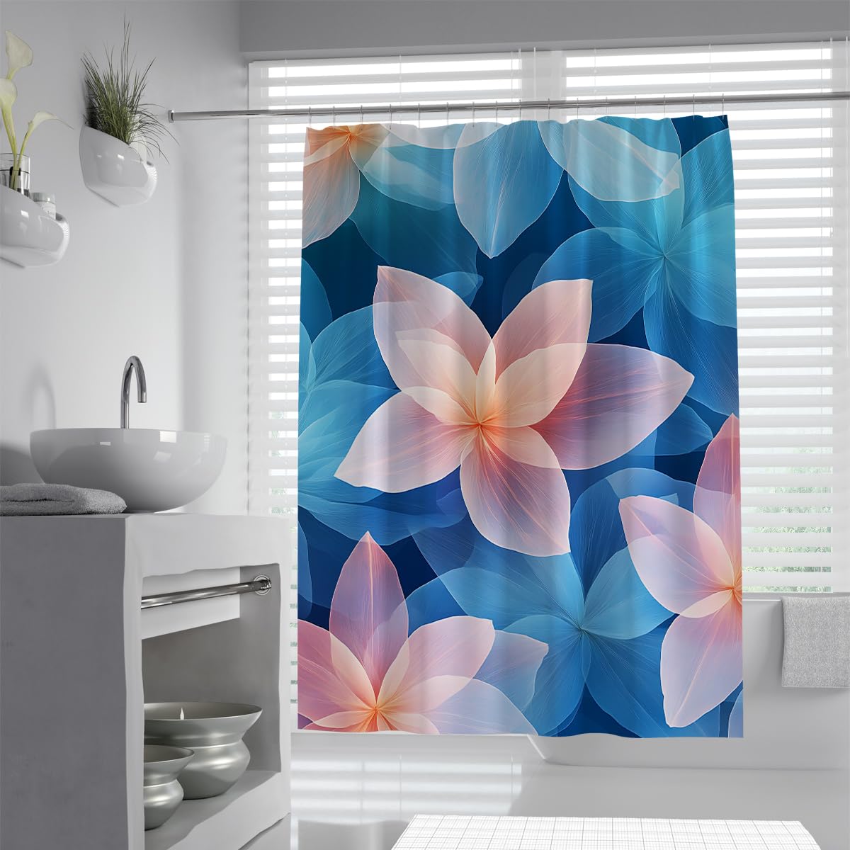 UIRINGART Abstract Translucent Petal Shower Curtain W120xL200cm Blue Pink Plumeria Pattern Anti Mould Waterproof Shower Screen For Bath Tub With Hooks
