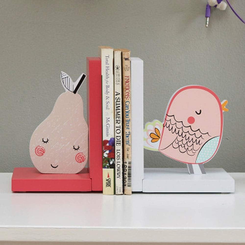 Pink Wood bookends Pear and Little Bird Bookends Girls Gift Idea (Pear & Birds)