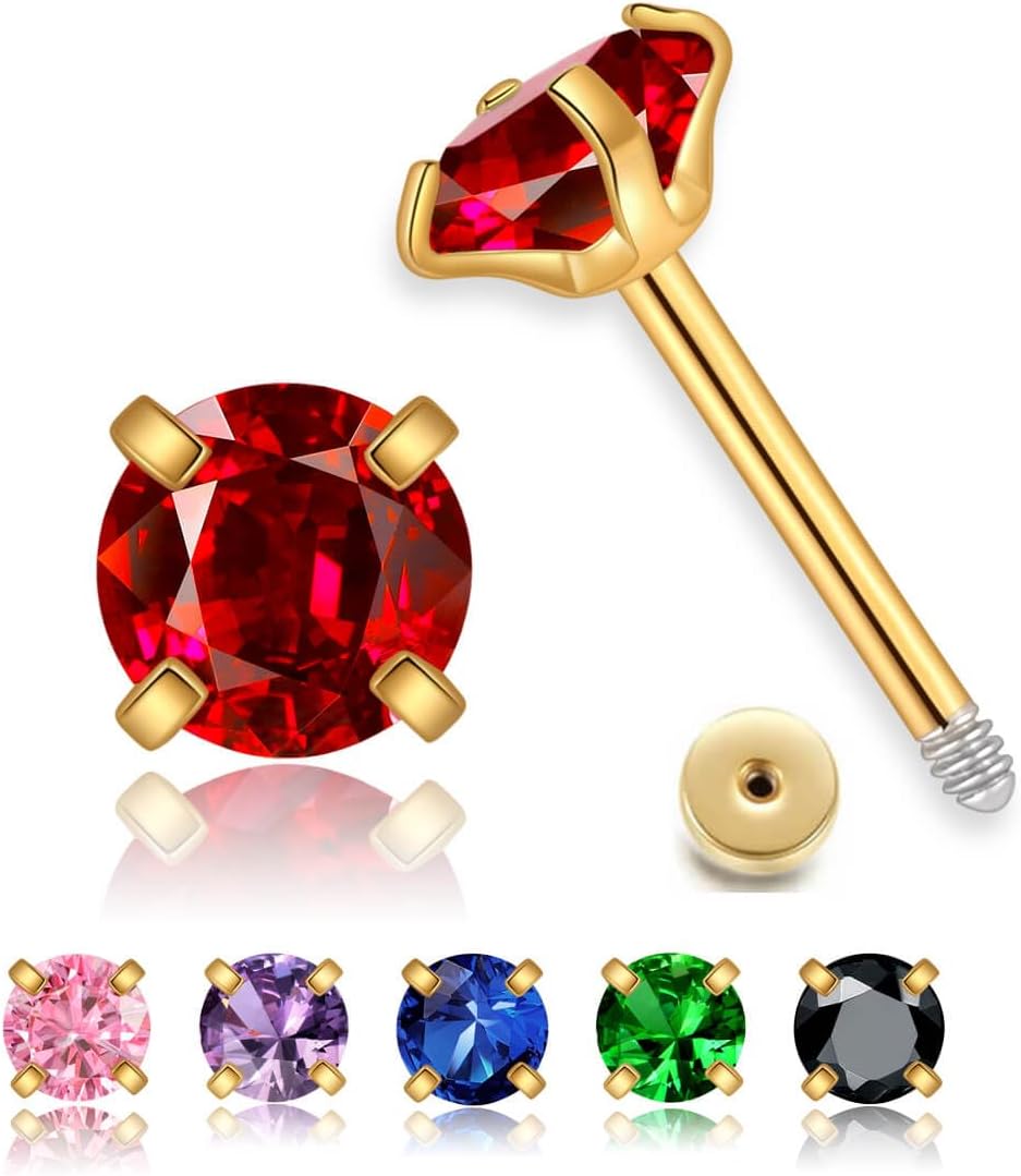 Small CZ Stud Flatback Earrings for Women,Dainty Flat Screw Back Cartilage Earring Stud,Helix Conch Tragus Piercing Jewelry,Tiny Cubic Zirconia Studs Hypoallergenic