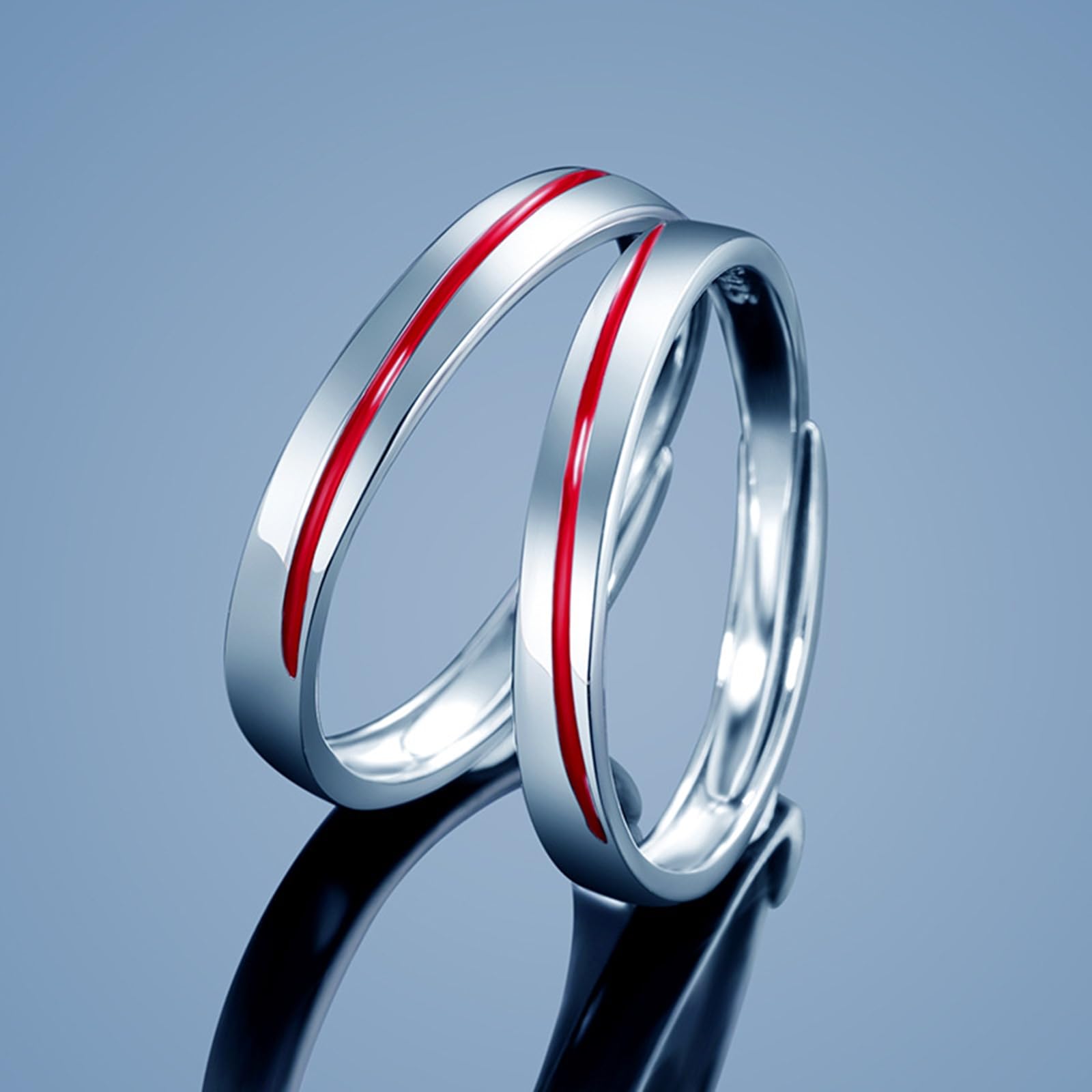 Anello Filo Rosso del Destino, Anelli Matrimonio Coppia Persona Argento 925 Regolabili Anello a Fascia Argento con Smalto Rosso