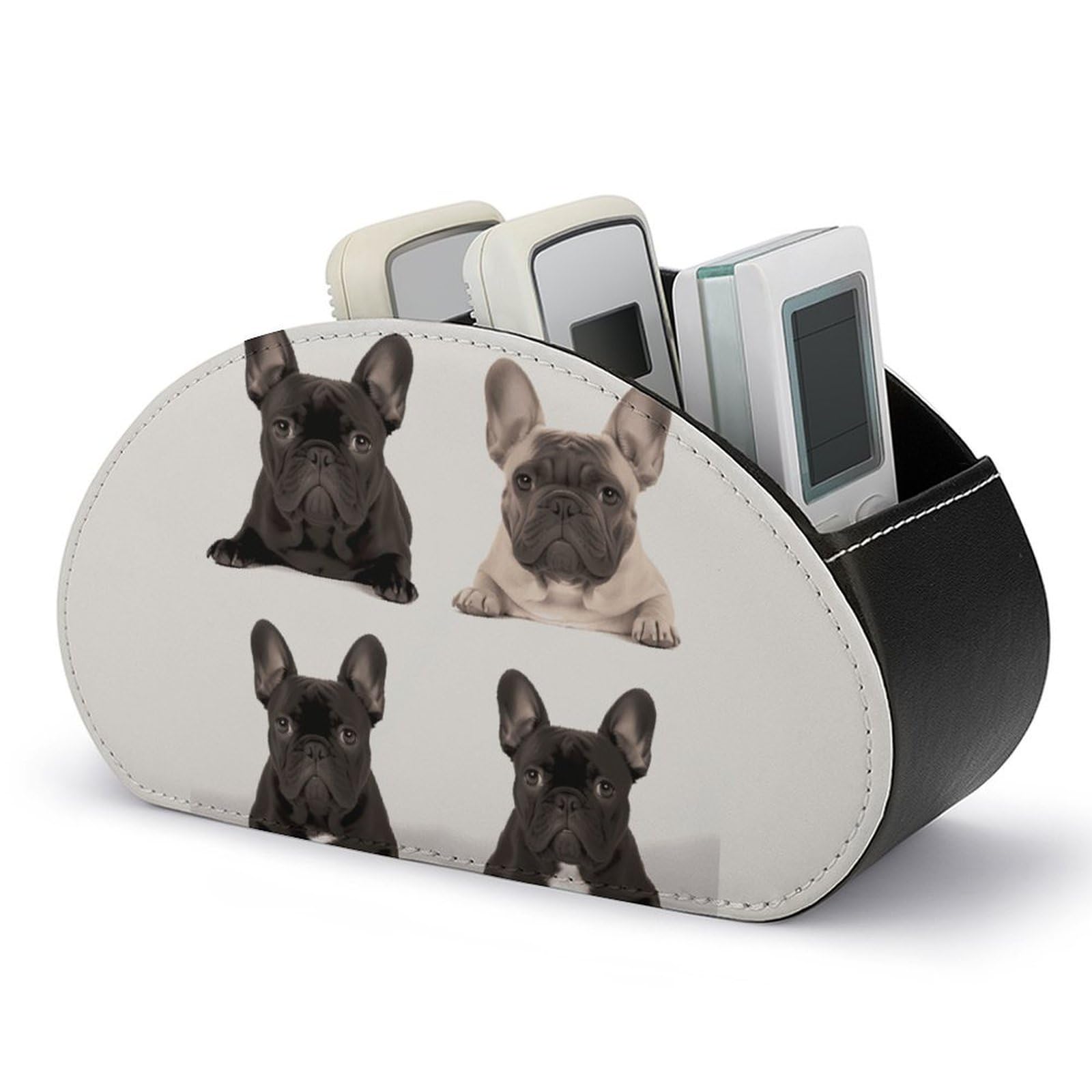 VstaDank French Bulldog Remote Control Holder with 5 Compartments PU Leather Remote Caddy Desktop Organizer Store TV Remote Control Storage Box for Home Office Desk Nightstand
