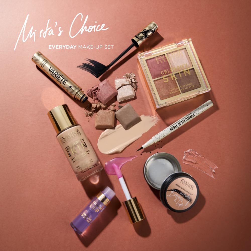 Eveline Cosmetics x Mirta Miler: Everyday Make-up Set Zestaw do makijażu (Lip Oil 04 Red, Glow Booster 01N Univeral Light)