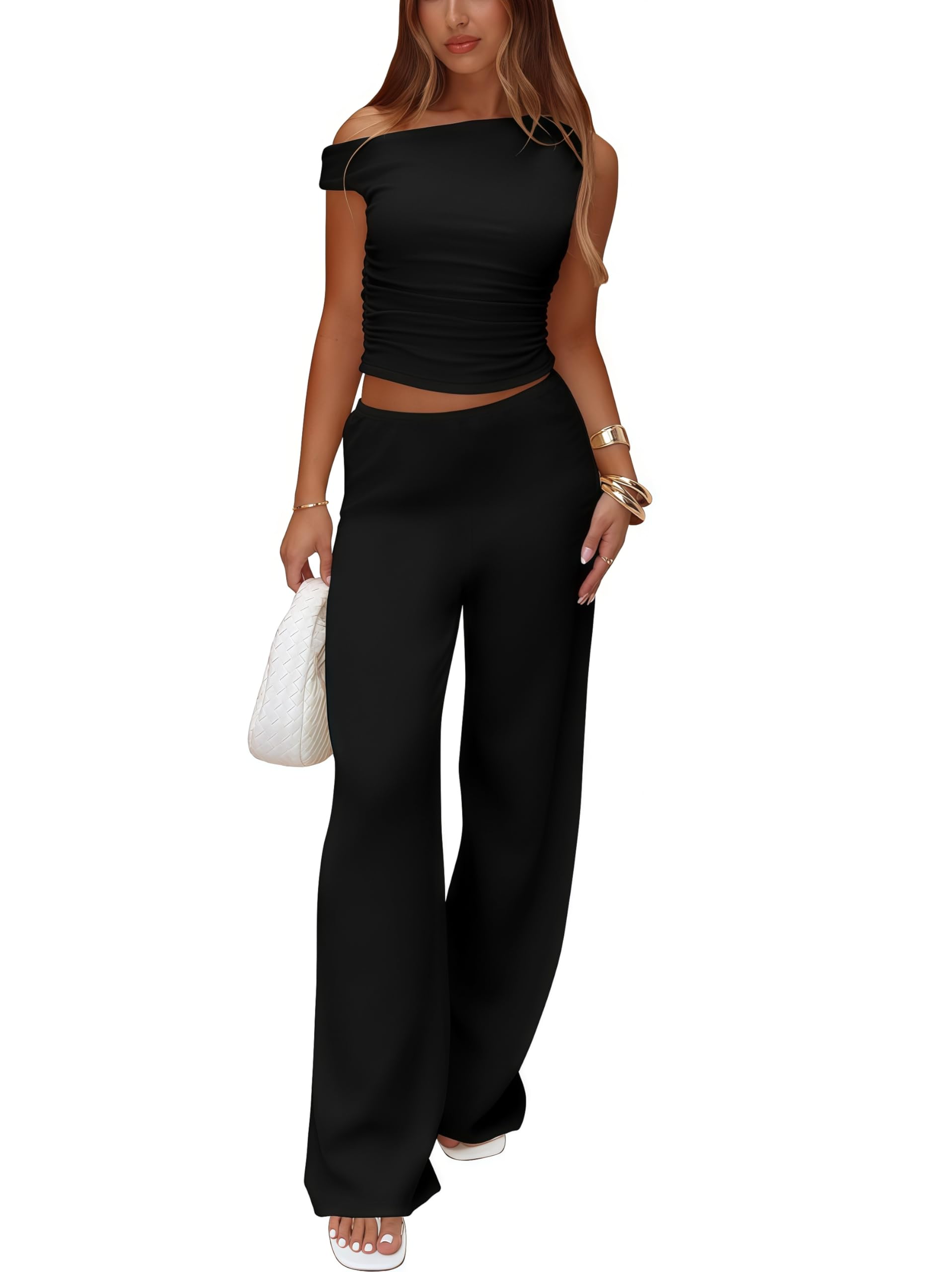 Vest and Pants Set Women - Sexy Pant Sets Women 2 Piece Outfits Off Shoulder Ruched Crop Tops
