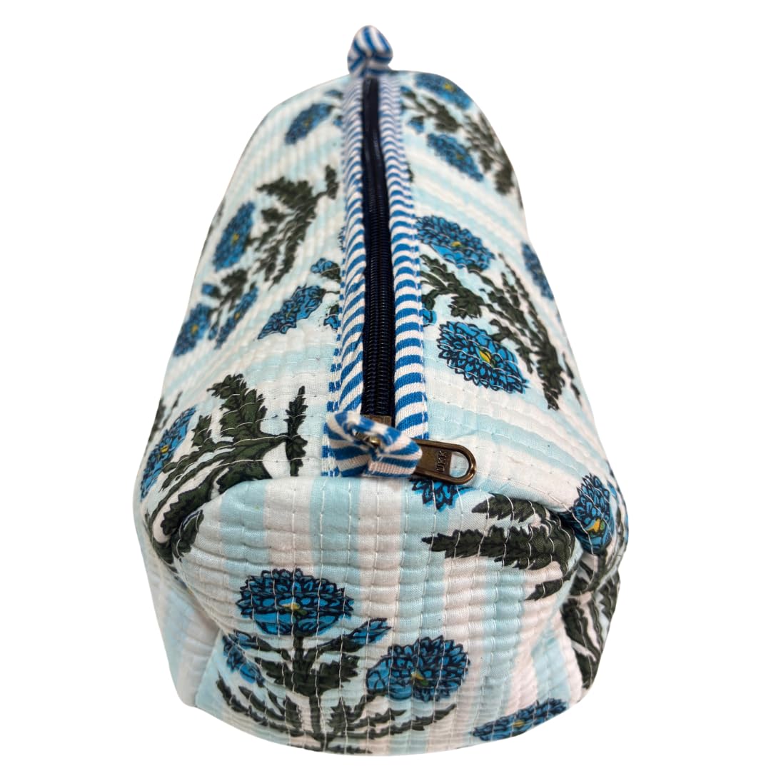 Quilted Cotton Travel Organizer Bag Set of 3 β Waterproof Toiletry Pouch, Cosmetic Makeup Bag & Multipurpose Travel Pouches for Women & Men, Handcrafted Block Print (Floral White & Blue) 3