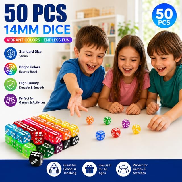 50 Pieces Colored 6 Sided 14mm Dice with White Color Pips for Board Games, Teaching, Learning, Rolling, Group Event, 10 image 3