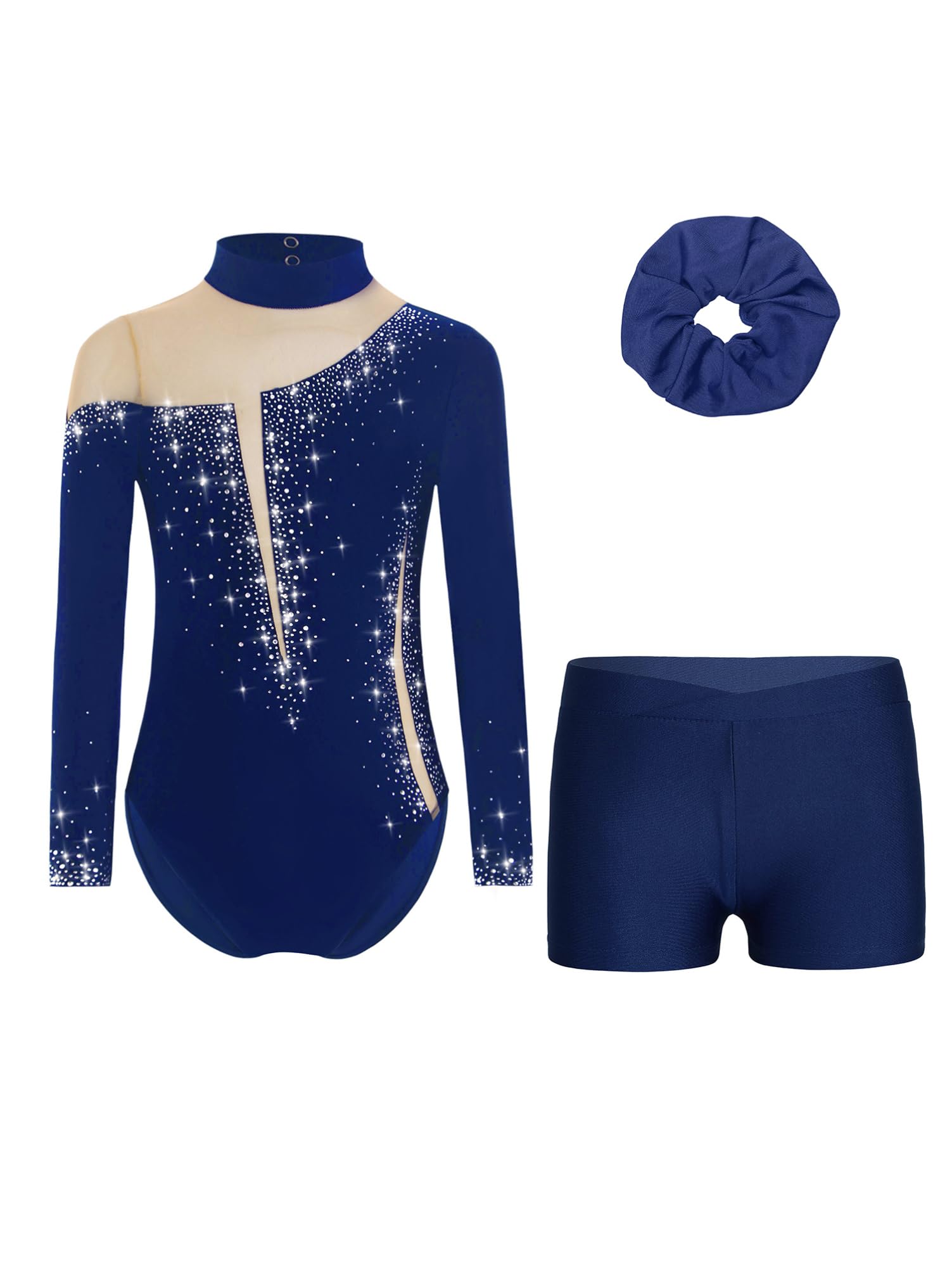 Alvivi Mädchen Turnanzug Glitzer Gymnastikanzug Langarm Gymnastik Leotard mit Kurze Hose Haarband Gymnastikbody Turntrikot Gymnastik Kleidung