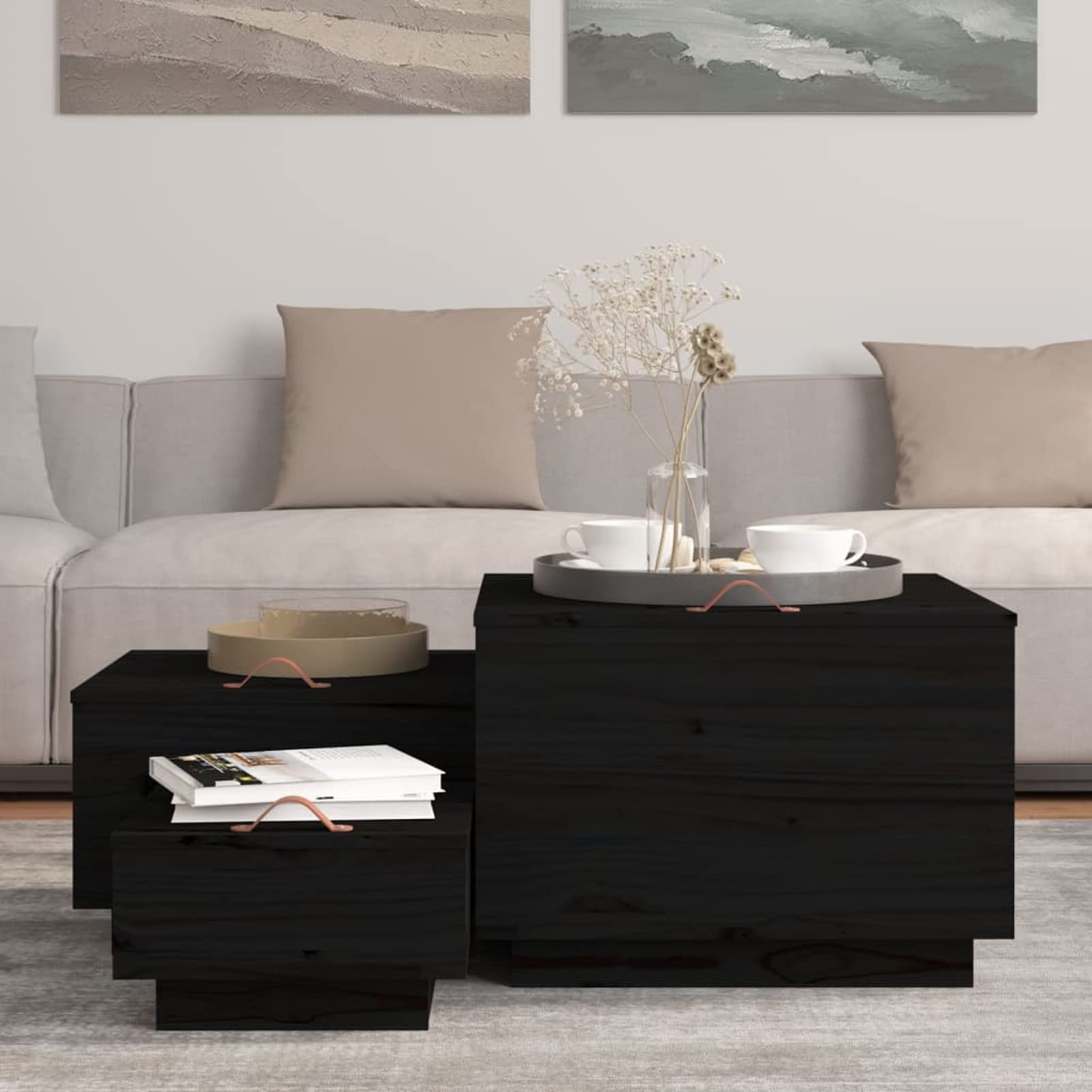 Homgoday Cajas de almacenaje con Tapa 3 pzas Madera Maciza Pino Negro Baúl de Almacenamiento para Jardín Baúl Exterior para Patio y Terraza