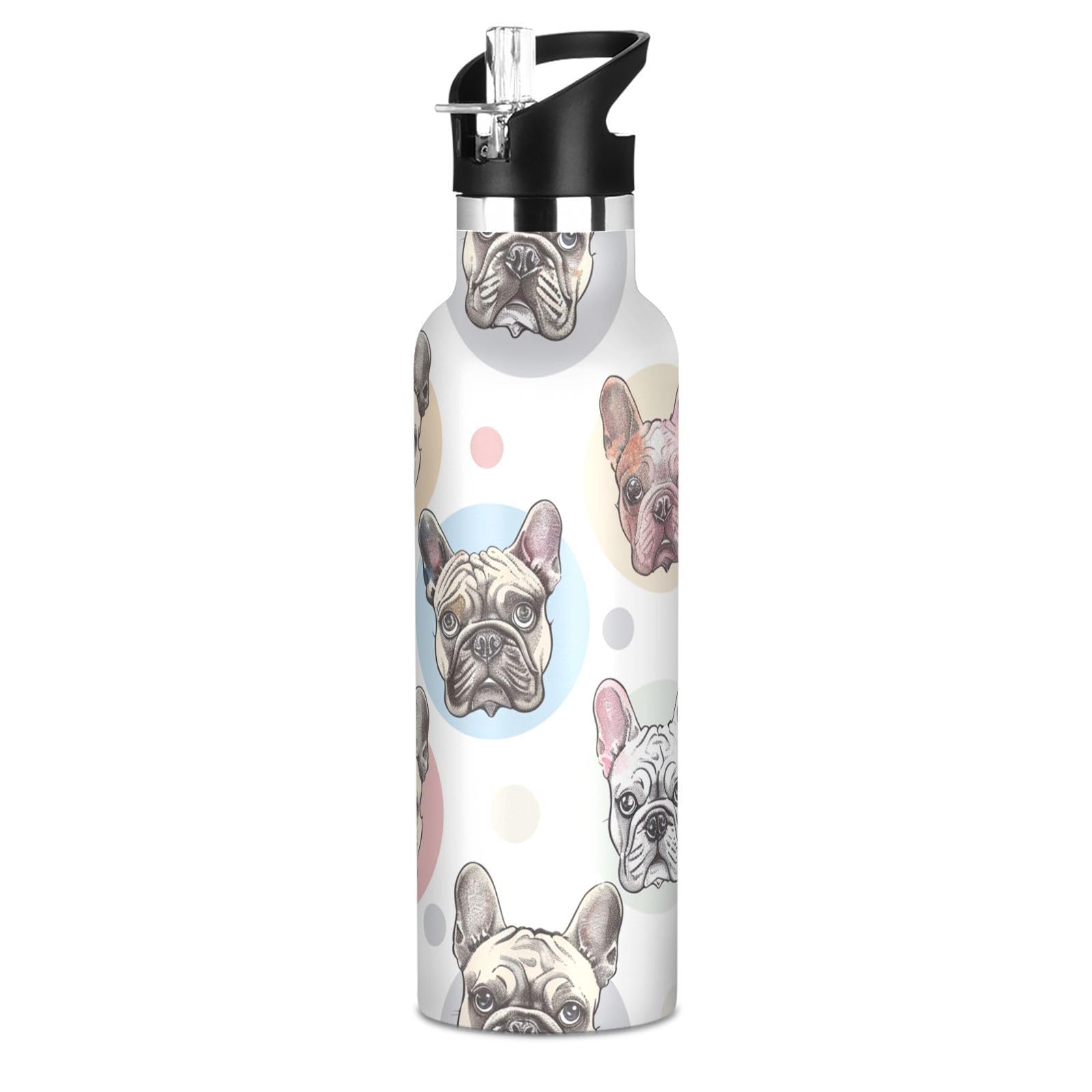 Kaaviyo Boys Pattern French Bulldog Heads Water Bottle Stainless Steel Jug Insulated Vacuum Cup For Girls(600Ml)