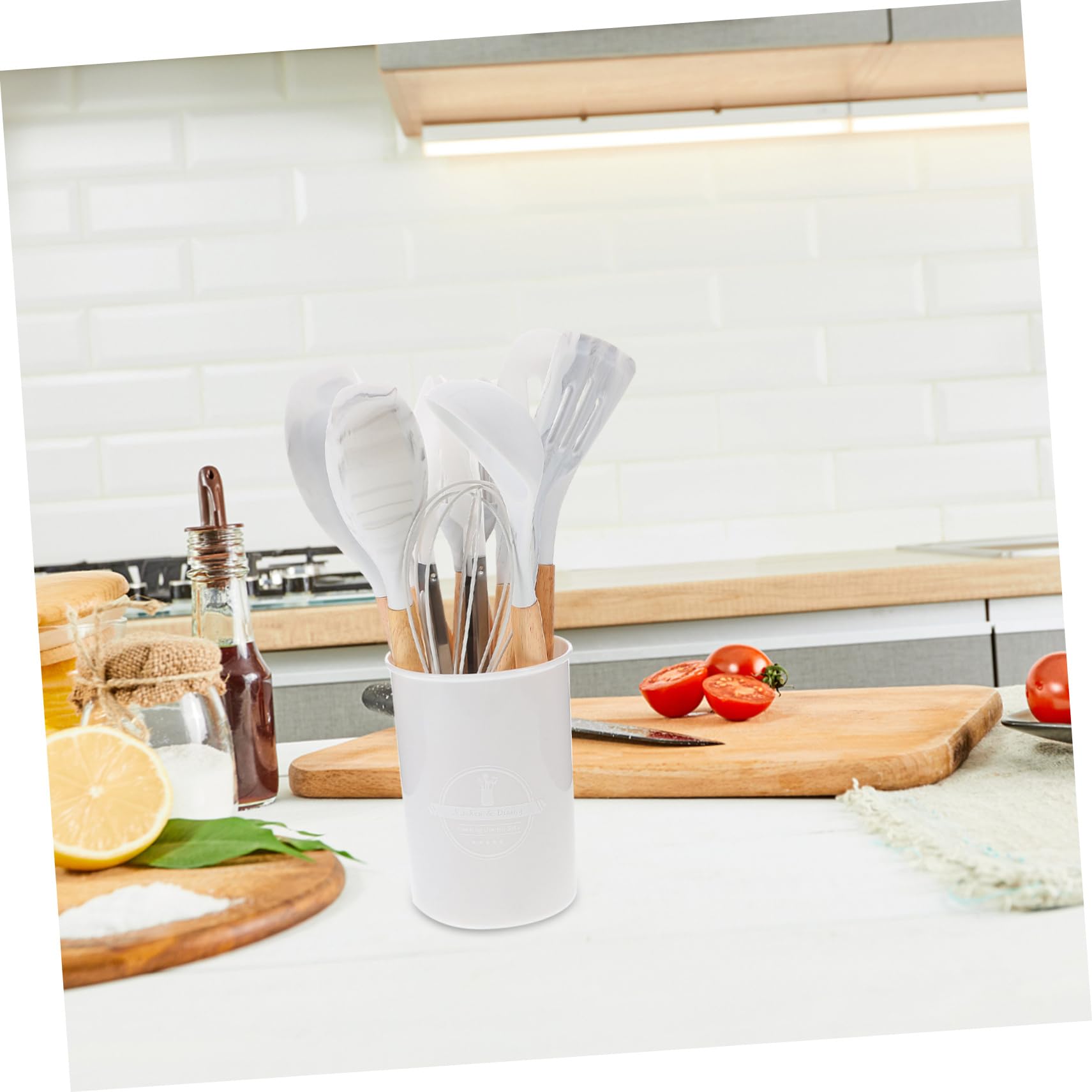 Ensemble D’ustensiles Cuisine 12 Pièces en Bois et Silicone Blanc