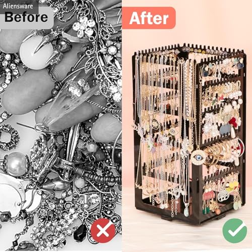 Image of Aliensware 360 Rotating Earrings Stand Holder Jewelry Display Organiser, Jewellery towers, Earrings organiser, earring organizer box, chain organiser Necklaces chain bracelet,vanity-Aliens-Black