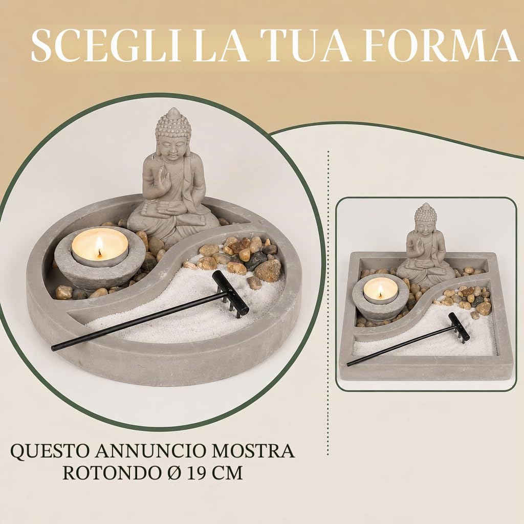 Mijoma Statuetta di Buddha su piatto di cemento con porta candeline, rastrello, pietre decorative e sabbia, set da giardino Zen per la pace e l'armonia (Ø 19 cm)