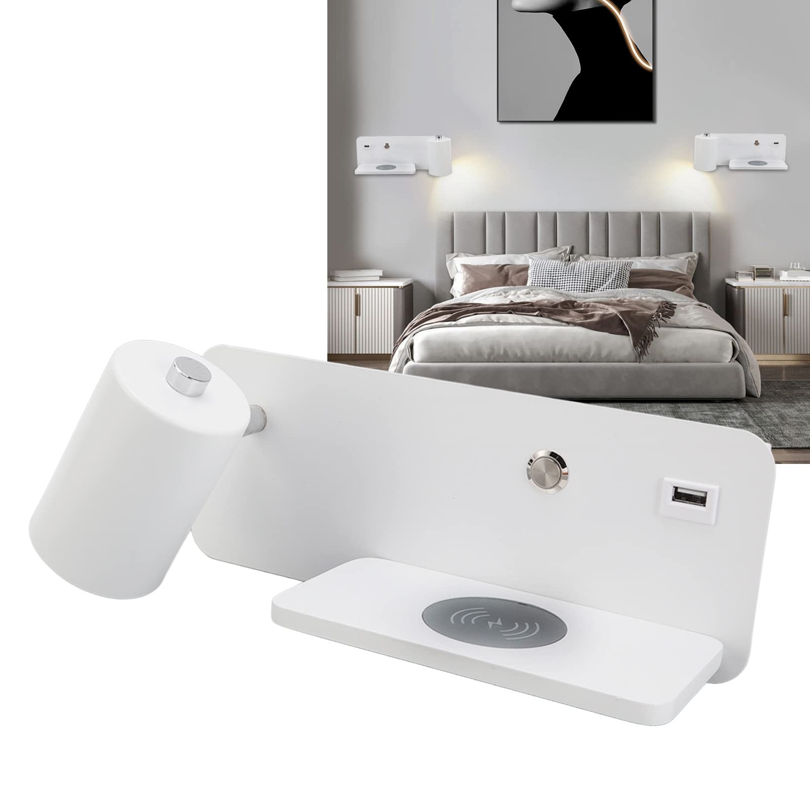 Applique a Led, Lampada Da Lettura a Parete Da Comodino Con Caricatore Wireless Da 5 V E Porta Di Ricarica Usb Lampada Da Parete Da Camera Da Letto Regolabile E Girevole Per Il(Sinistra bianca)