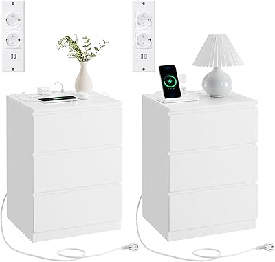 VASAGLE Kailyn lot de 2 tables de chevet blanches avec multiprise et 3 tiroirs